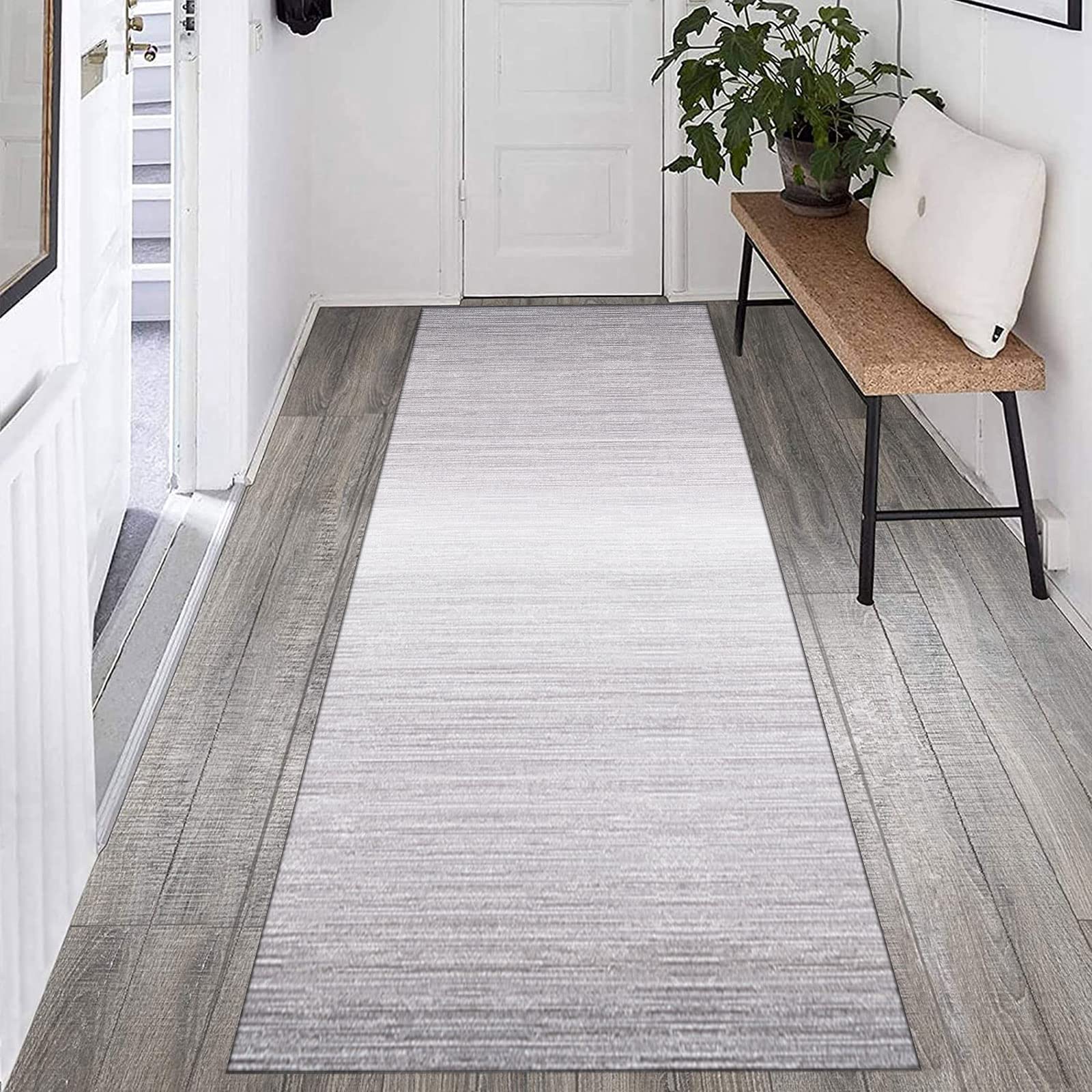 Läufer Teppich Flur rutschfest Teppich für Küche Wohnzimmer Modern Abstrakt Grau Farbverlauf Design