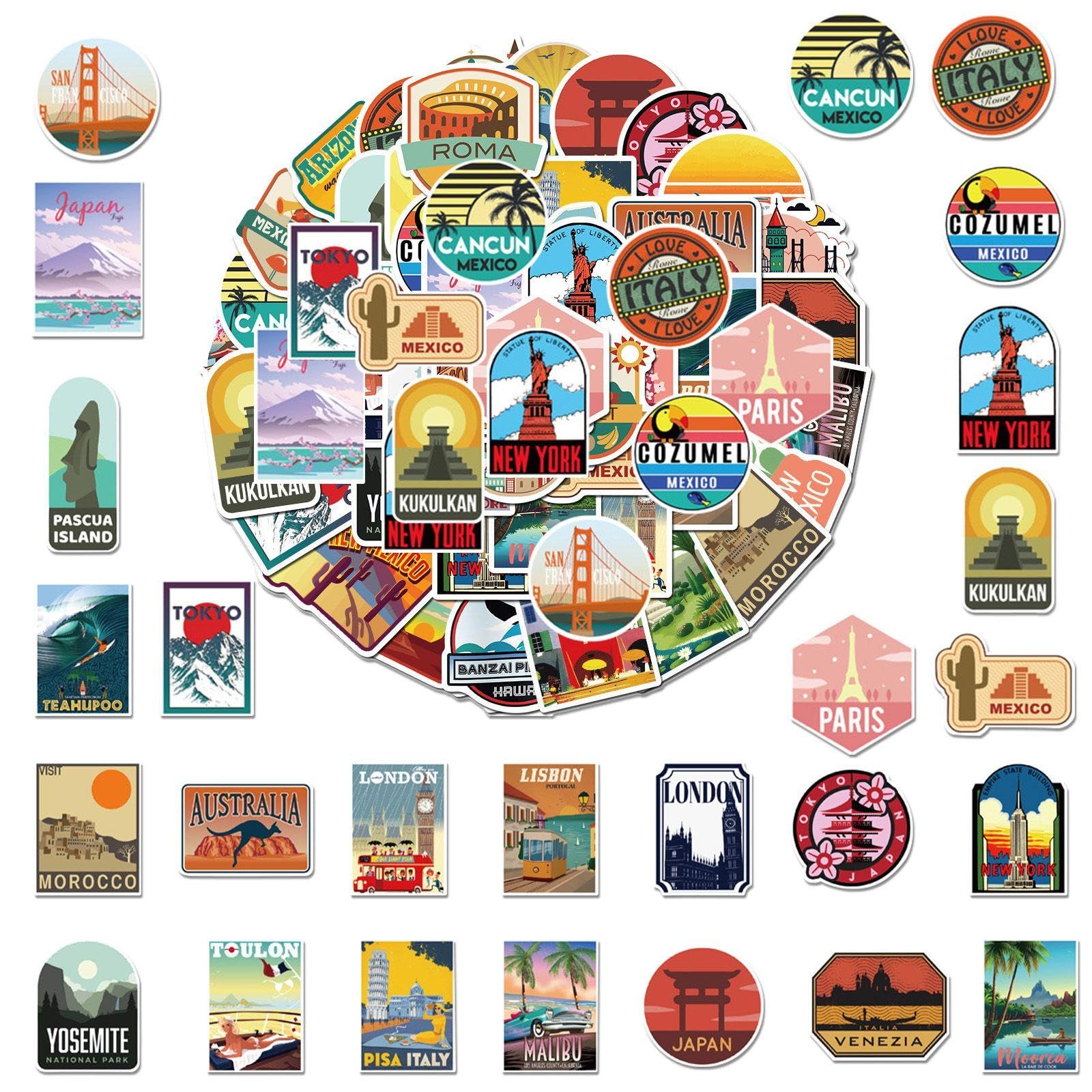 OODJVN 100 Travel Landscape Stickers, Waterproof Graffiti Stickers, Retro Cartoon Stickers, Suitable For Diy Scrapbooks, Suitcases, Skateboards, And Laptops.
