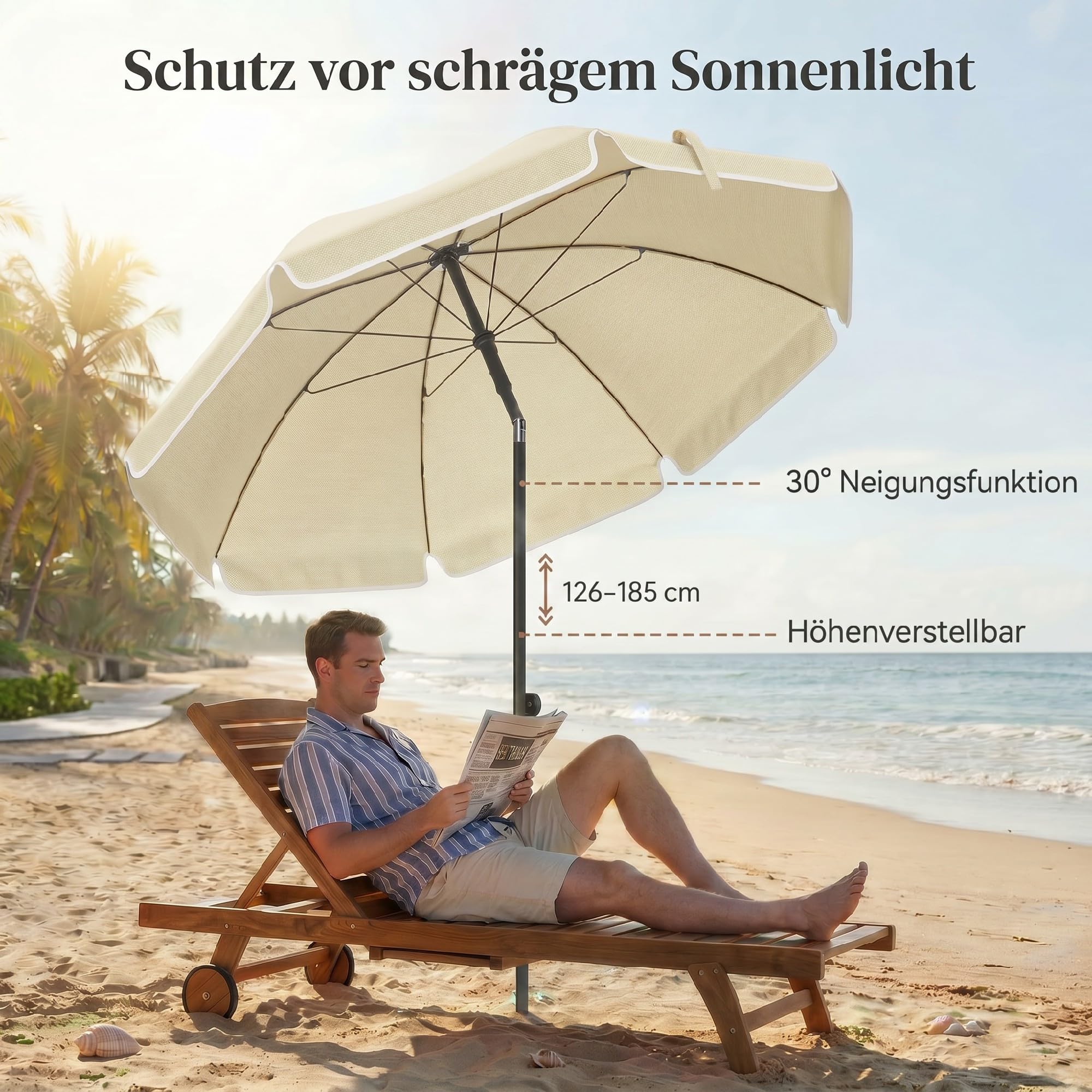 Outsunny Sonnenschirm Strand Ø150 cm Strandschirm mit Sonnenschutz wasserabweisend faltbar mit Sandanker und verstellbarer Neigung Tragetasche für Camping Reisen Strand Beige