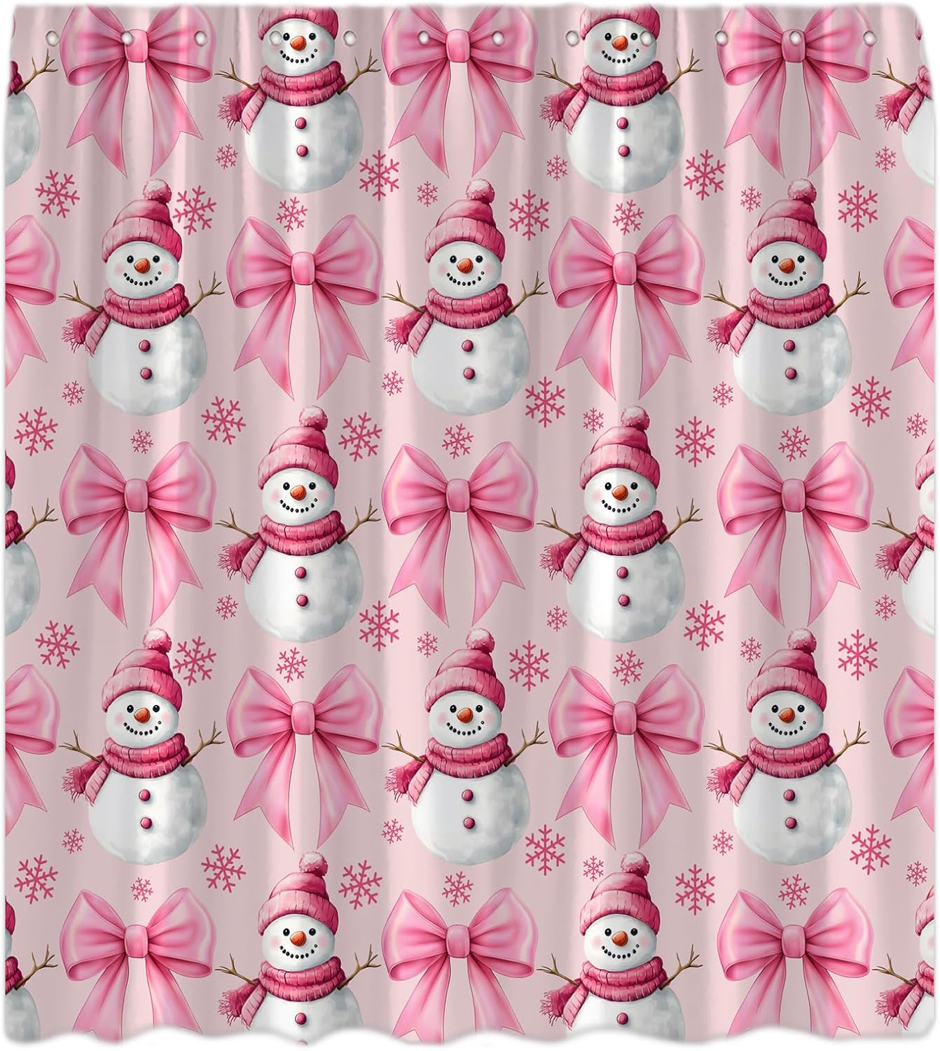 Merry Christmas Shower Curtain Cute Funny Snowman Pink Bow Snowflake Cartoon Winter Happy New Year Holiday Decor Bathroom Curtain Set with Hook