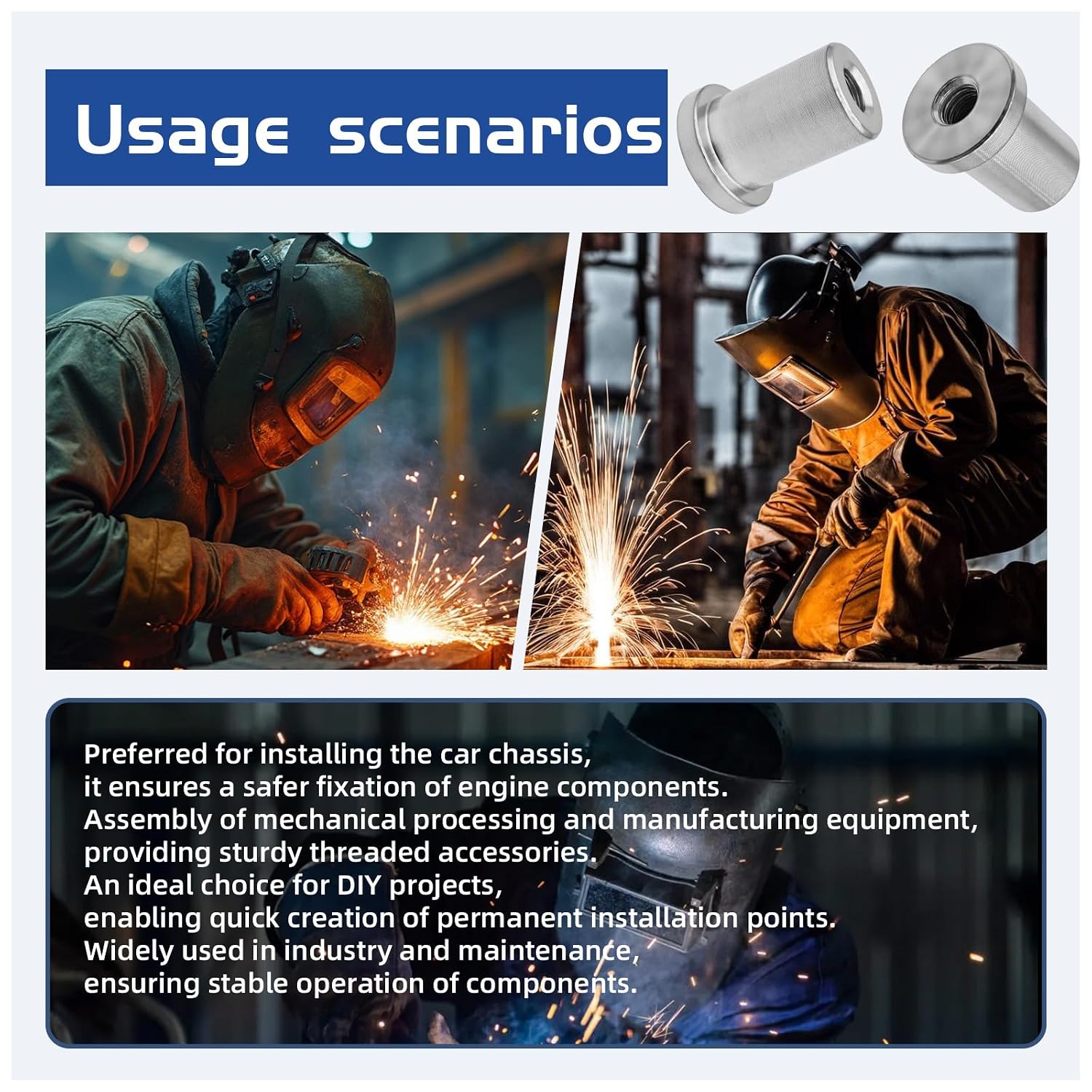 (4pcs) Steel Chassis Mount Tab Weld-On Nut，3/8"-16 Thread Long Threaded Stepped Bung Female Type