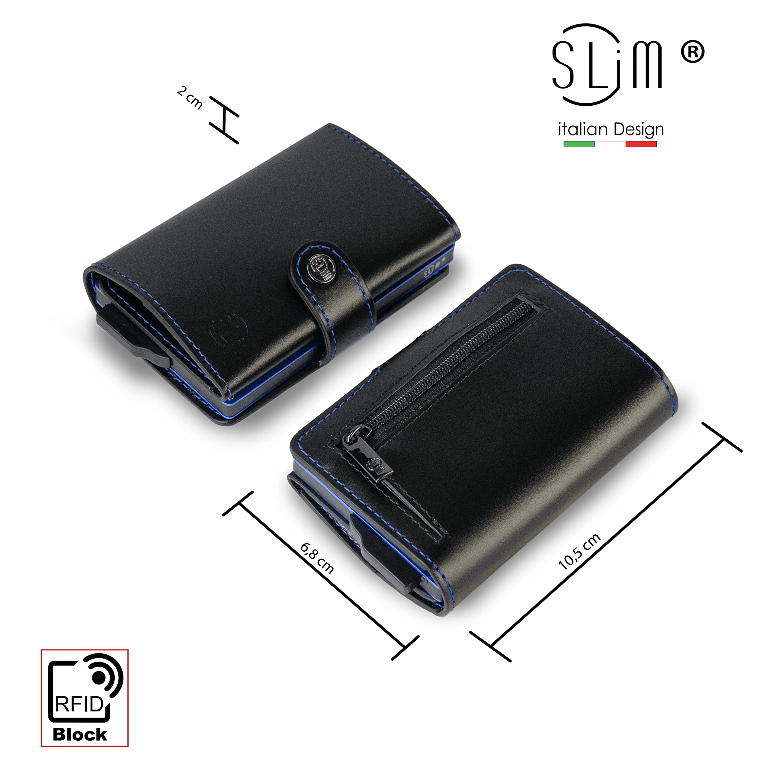 SLim Porta Carte di Credito Schermato Portafoglio Uomo Rfid Portatessere Anticlonazione Donna Portacarte Uomo (Nero Cuciture Blu, Con Zip)