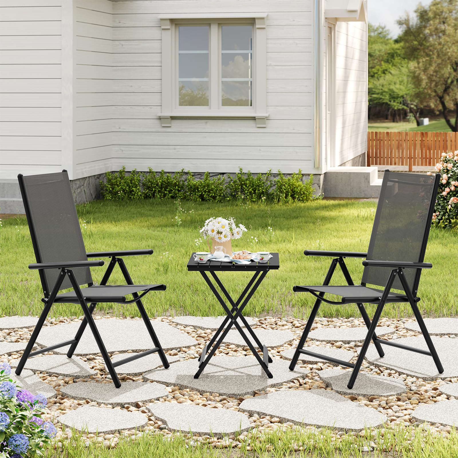 eSituro Set di 2 Sedie da Giardino Pieghevoli, Schienale Regolabile a 7 Livelli, Sedia Pieghevole in Metallo, Resistente Alle Intemperie, Portata 150 Kg, per Giardino Balcone Terrazza, Nero Grigio