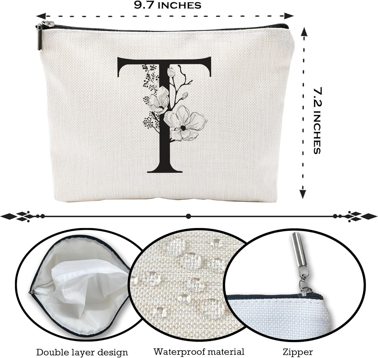Birthday Gift Make Up Bag, A-Z Minimalism Monogrammed Botanical Alphabet Toiletry Bag, Floral Personalized Cosmetic Bag, Zipper Pouch, Travel Bag, Gifts For Women, Mom, Bridesmaid Gifts (T)-A20 - Image 2