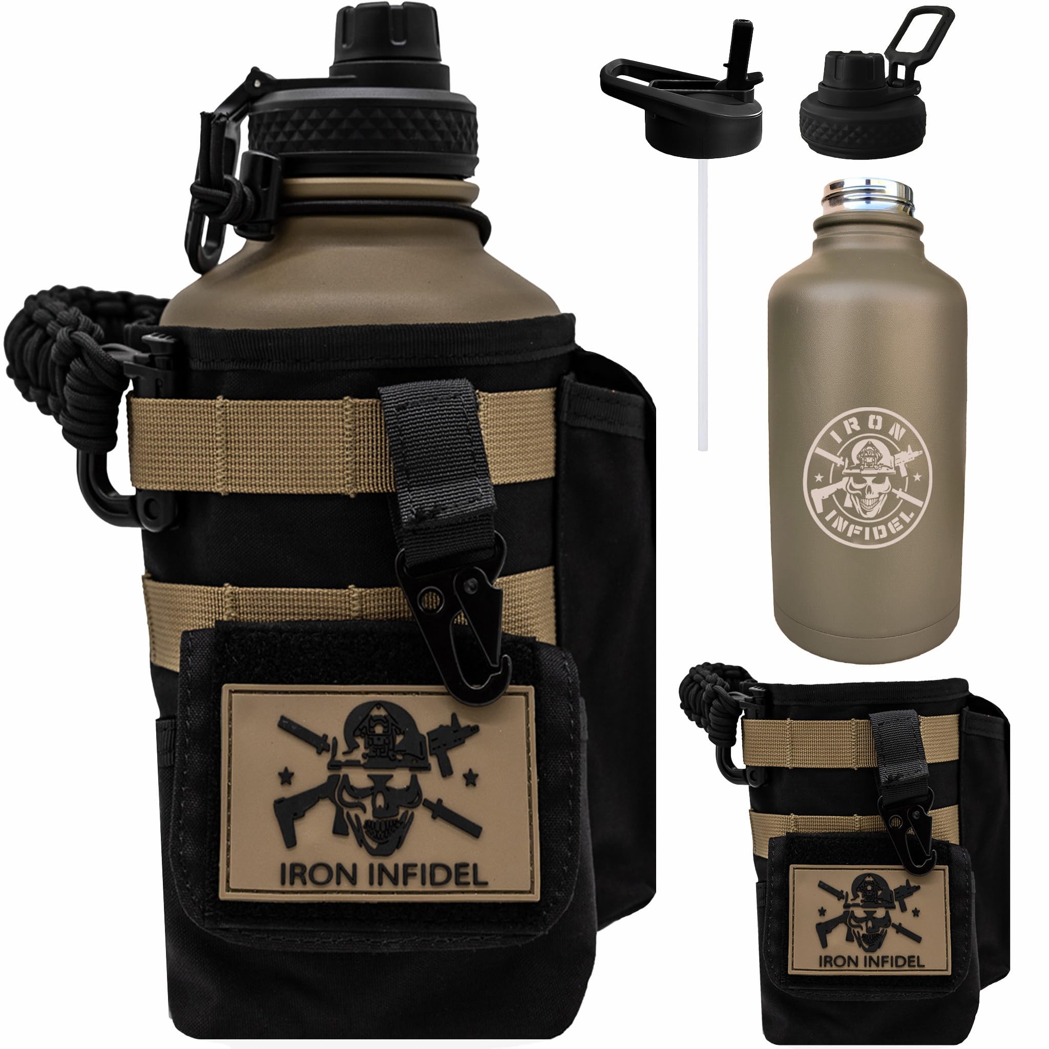 Iron Infidel Battle Bottle - Half Gallon Insulated Water Bottle with Paracord Handle, Large 64 oz Stainless Steel Water Jug with Rugged, Removable