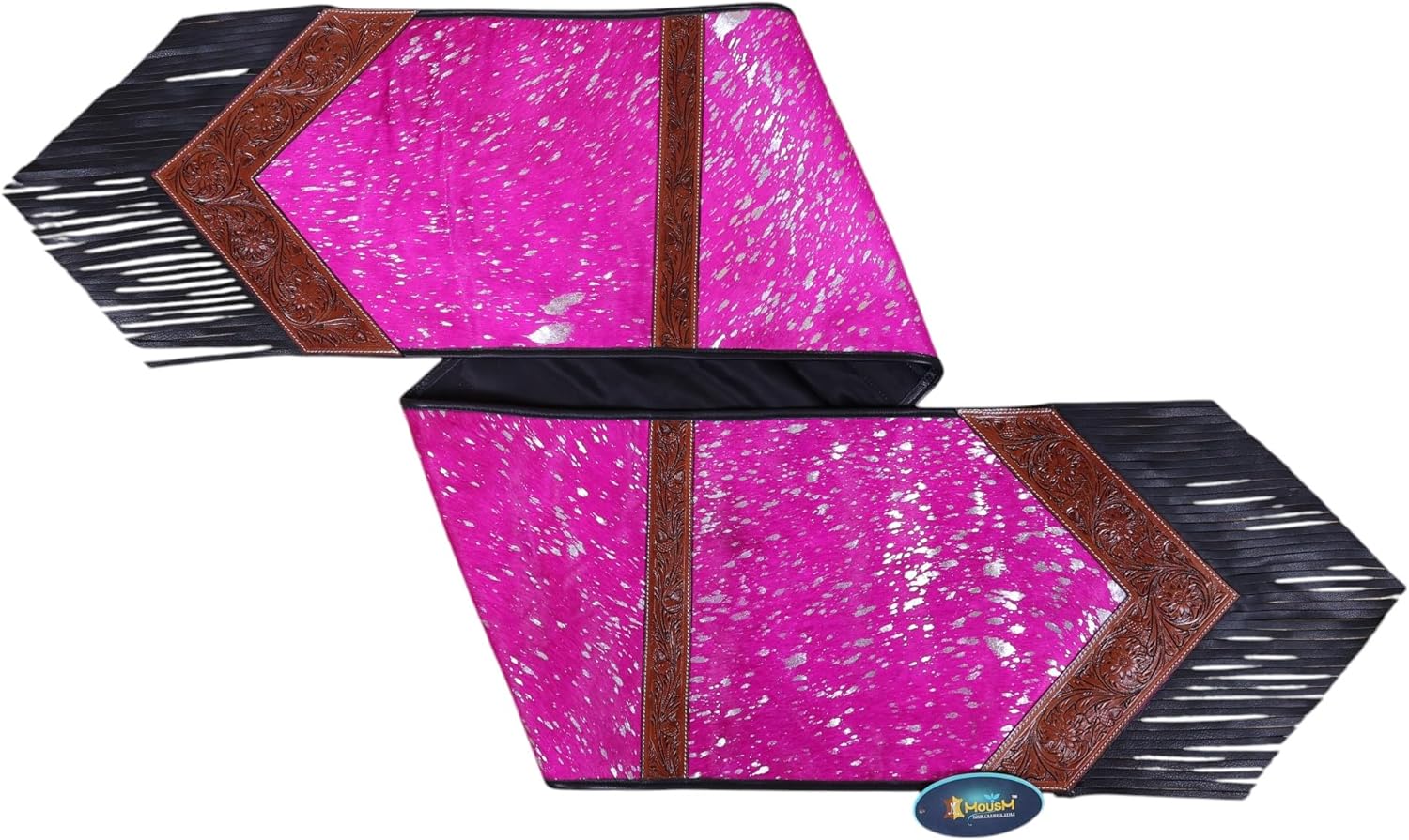 Pink Acid Wash Leather Table Runner – Square-Cut Design with Tooled V-Shaped Corners, Bowl Divider Strap & Fringe – 72" x 12" – Handcrafted Rustic Decor by MOUSM