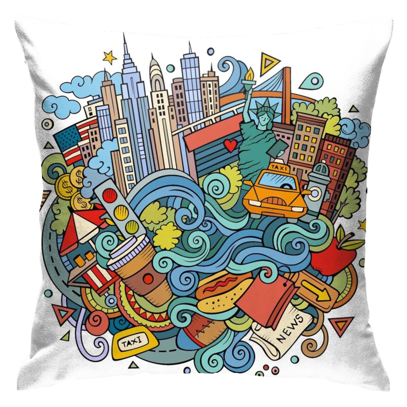HUYGD Pillow Cover 45X45cm York Cartoon Doodles Inscription American Pillow Covers Decoration Pillowcases Indoor Throw Pillow Cover For Girls, Mom, Home Decor