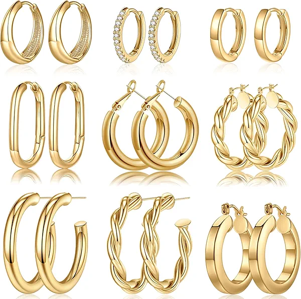 Yesteel 9 Pairs Gold Hoop Earrings for Women, 925 Sterling Silver Post 14K Real Gold Plated Chunky Hoop Earrings Set for Women Hypoallergenic Thick Lightweight Earring for Womens Jewelry Gifts