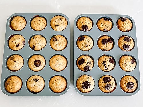 Miniatura 7 de Jenaluca Molde de silicona para magdalenas y magdalenas para hornear, juego de dos sartenes de 12 tazas, tamaño 12 x 9, antiadherente, sin BPA, apto