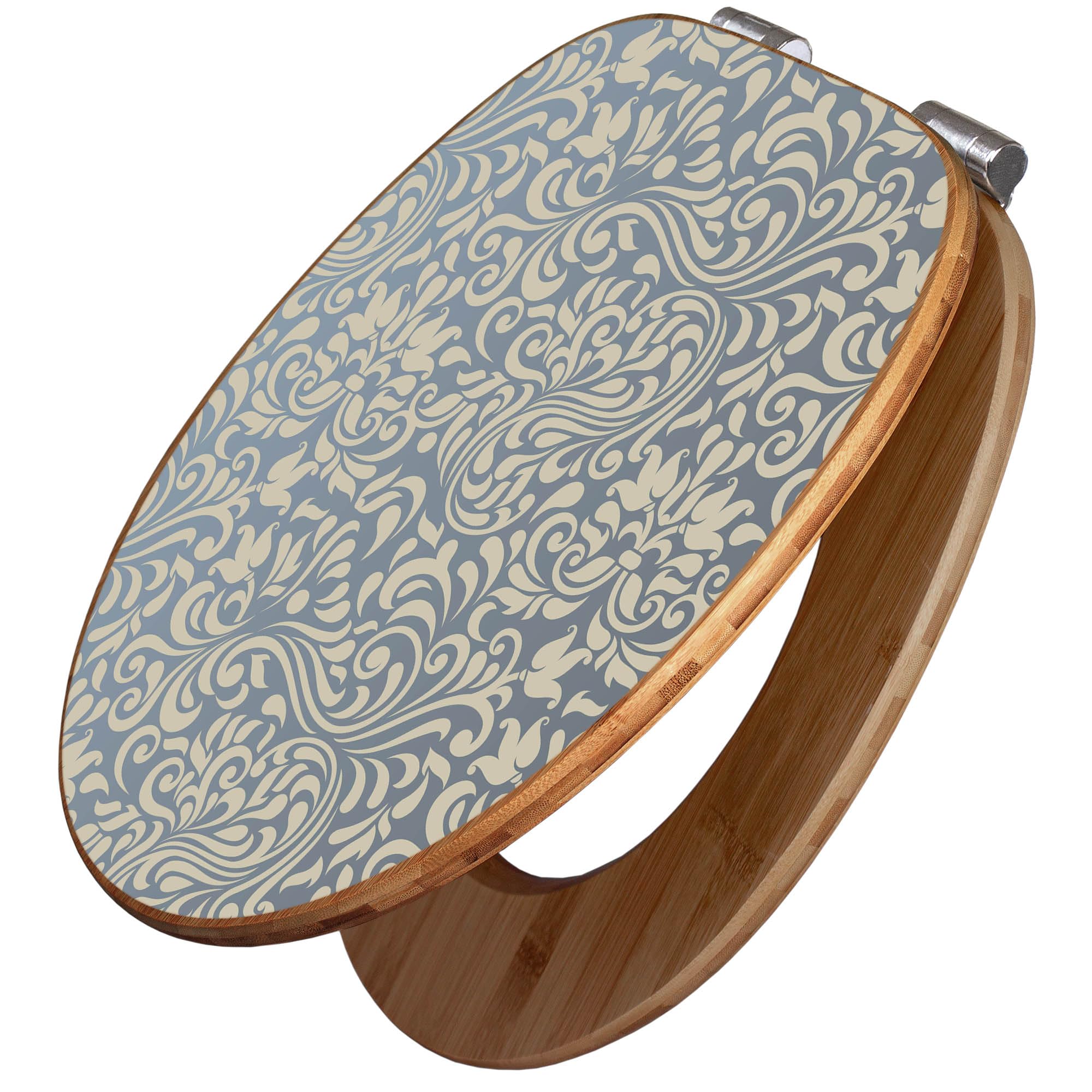 banjado Design WC Sitz Bambus Absenkautomatik 45,8x37,5cm - Toilettendeckel mit Absenkautomatik Holz - hochwertiger Bambus Klodeckel - WC-Sitz für gängigen Toiletten - Motiv Blaues Ornament