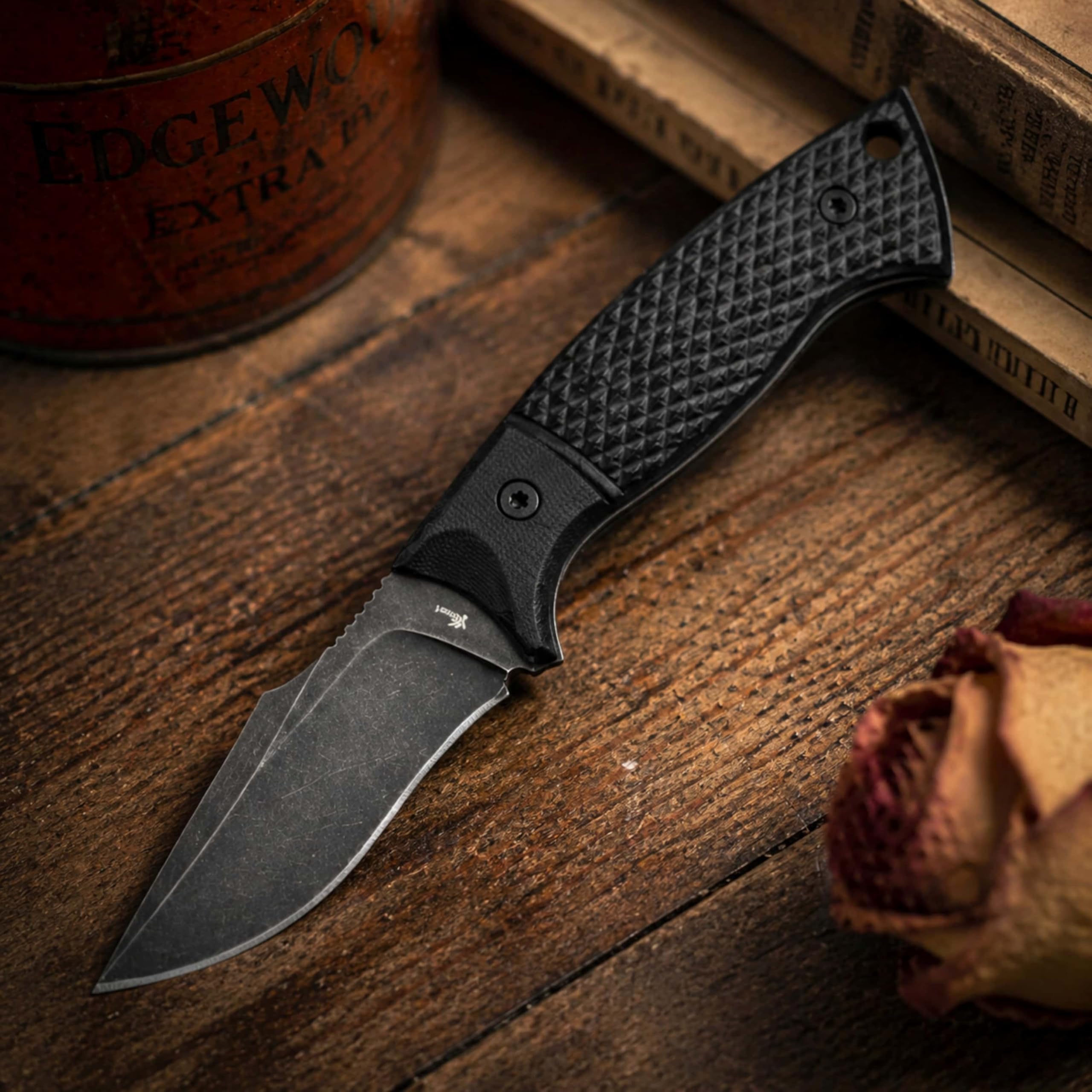 Coltello piccolo con lama fissa: coltello EDC compatto con lama arpione lunga 7,2 cm, manico G-10 testurizzato, ontano continuo, finitura stonewash scuro, fodero stampato a iniezione e Gü