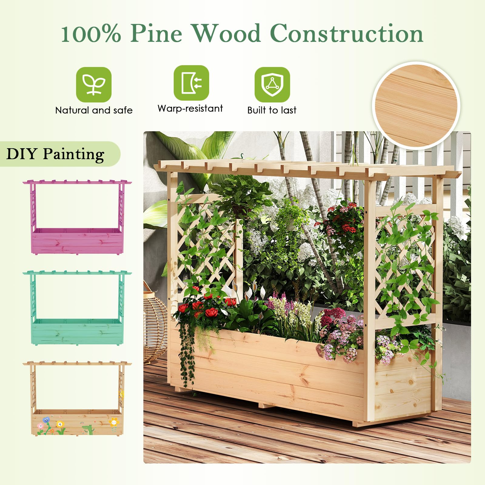 HOMASIS Jardinière Surélevée avec Treillis & Etagère de Toit, Lit de Jardin en Bois avec Trous de Drainage, Bac à Fleurs pour Plantes Grimpantes, Légumes, Fleurs, Herbes pour Extérieur (Grand)