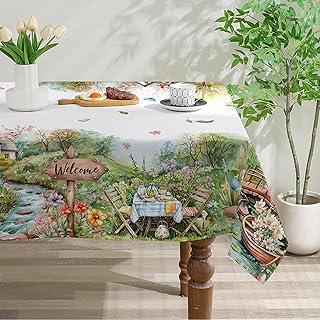 Spring Tablecloth 60x120 for Recatangle Table - Landscape Spring Decorations for Home - House River Bridge Table Cloth Spring Decor for Home, Table, Party
