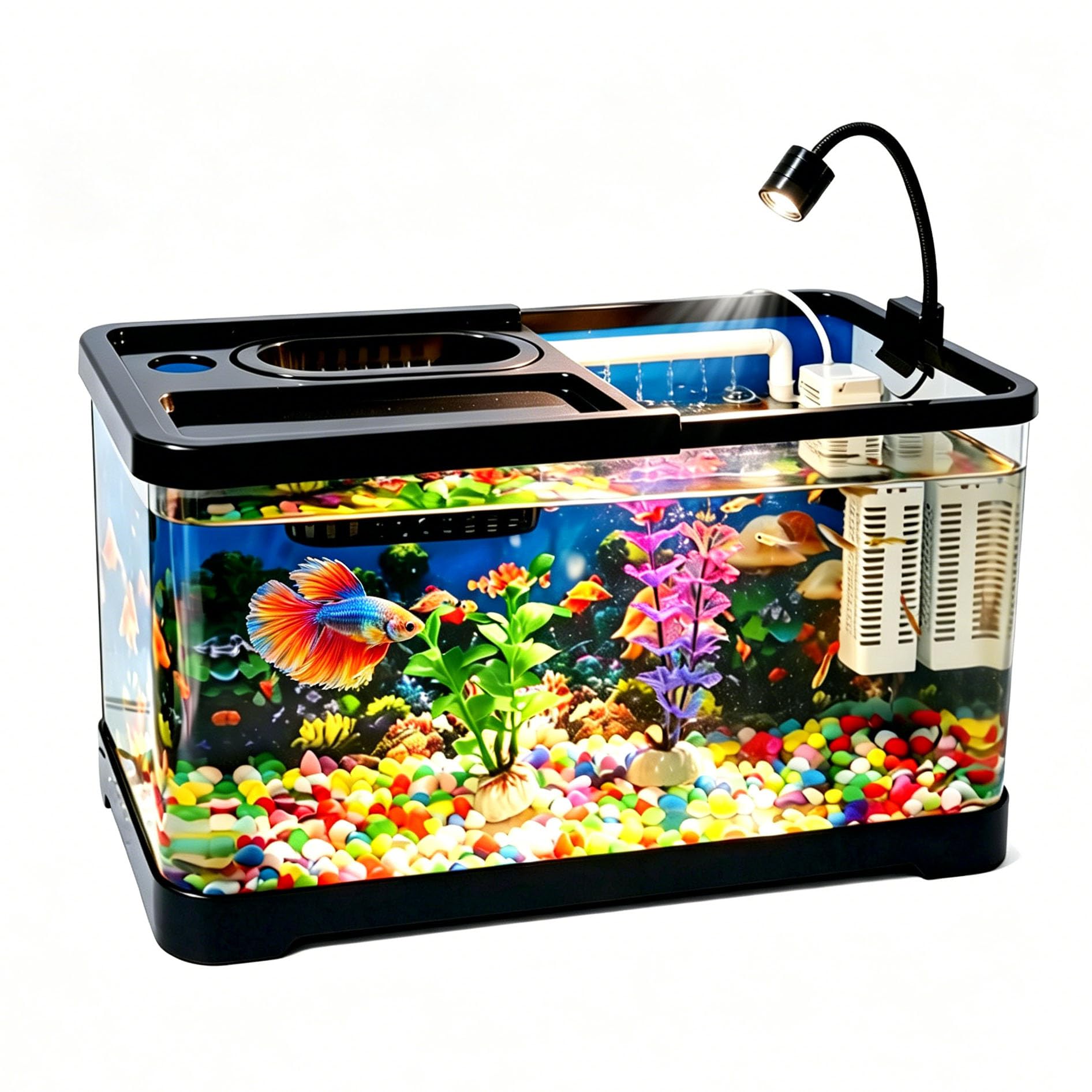 Acquario da 4 galloni - Kit di avviamento per acquario tutto in uno con luce LED per acquario, filtro silenzioso 3 in 1 e sfondo oceano - Acquario da tavolo ideale per pesci tropicali - Perfetto per