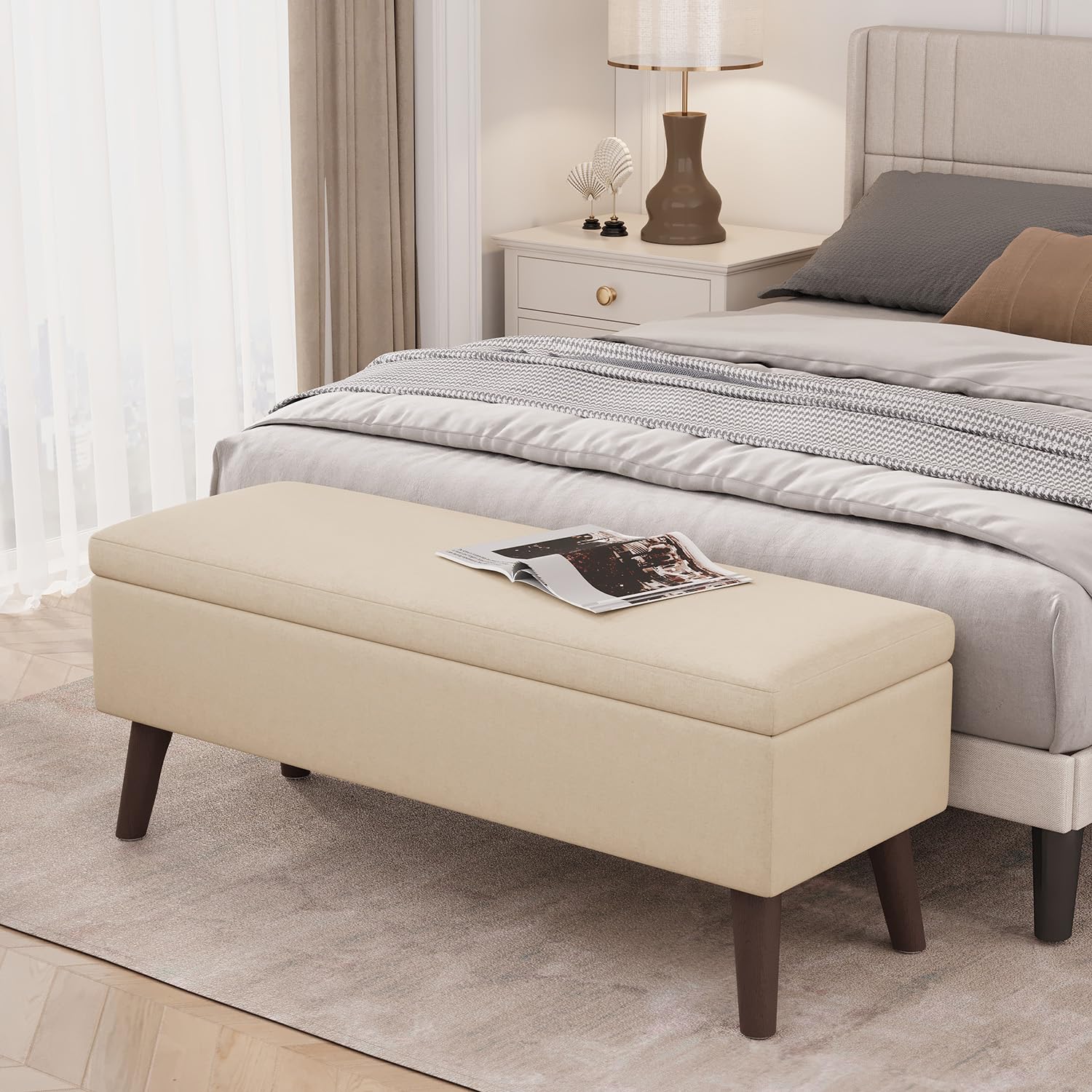 Banco Almacenamiento Baúl Puff Tapizado 110 cm Beige | Tapizado Aspecto Lino, Estructura Robusta y Estable, Ideal para Dormitorio, Pasillo y Salón