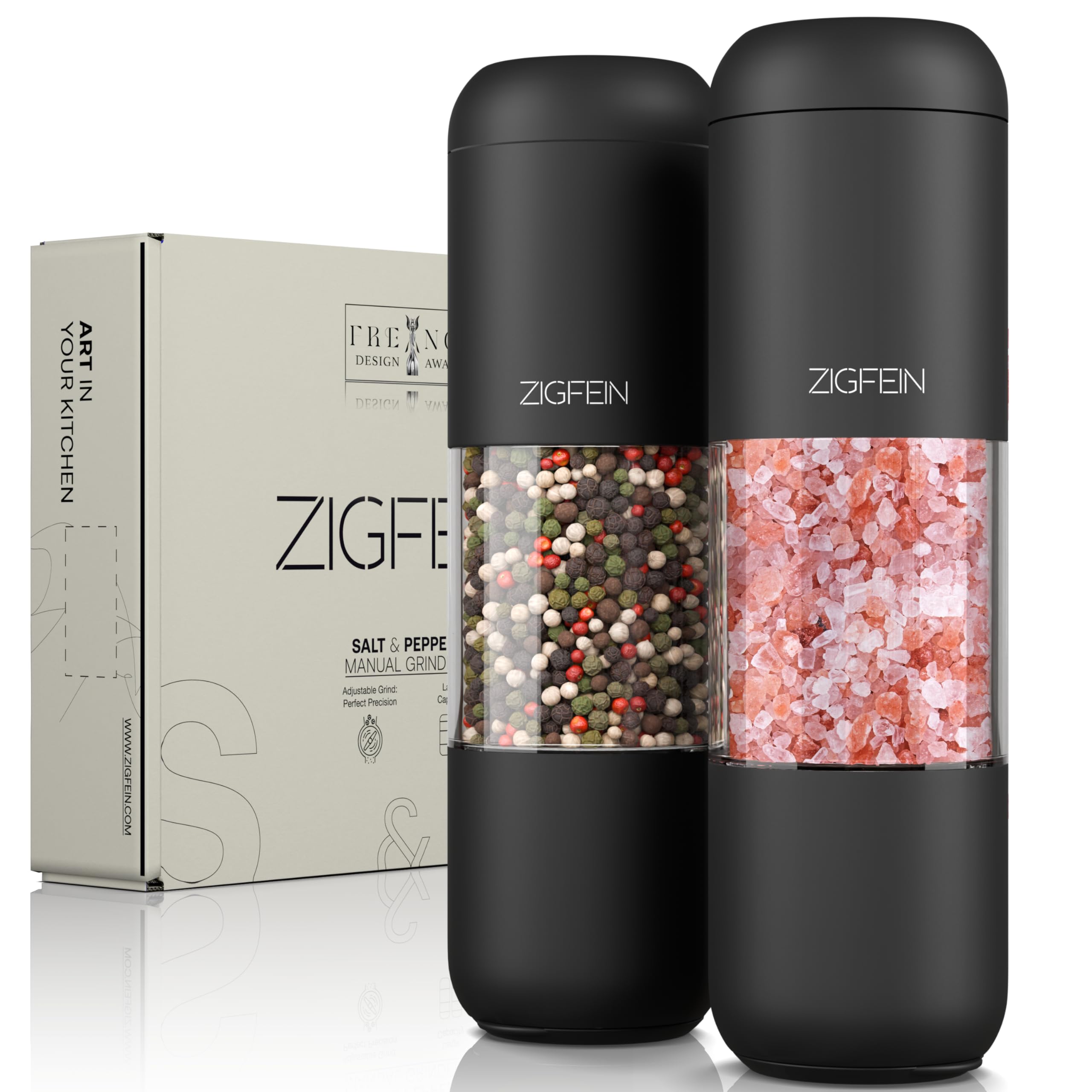 ZIGFEIN Manual Salt and Pepper Grinder Set - Stainless Steel, Ceramic, Large Glass Adjustable Shakers in Black/Black, 2-Pack - Refillable Pepper Grinder & Salt Grinder Manual with Award Winning Design