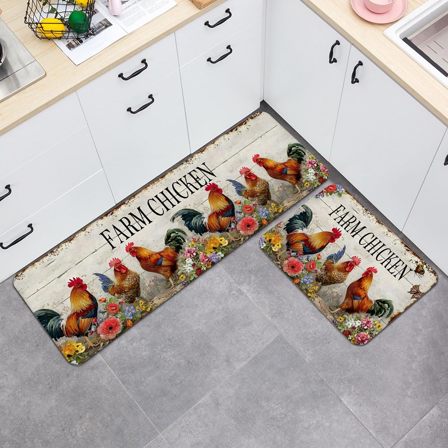 Vintage Farm Roosters Kitchen Mats Set of 2 Rustic Farmhouse Animal Red Flower Non Slip Mat Washable Floor Rug for Kitchen Sink Floor Laundry, 19.7"x31.5"+19.7"x63"