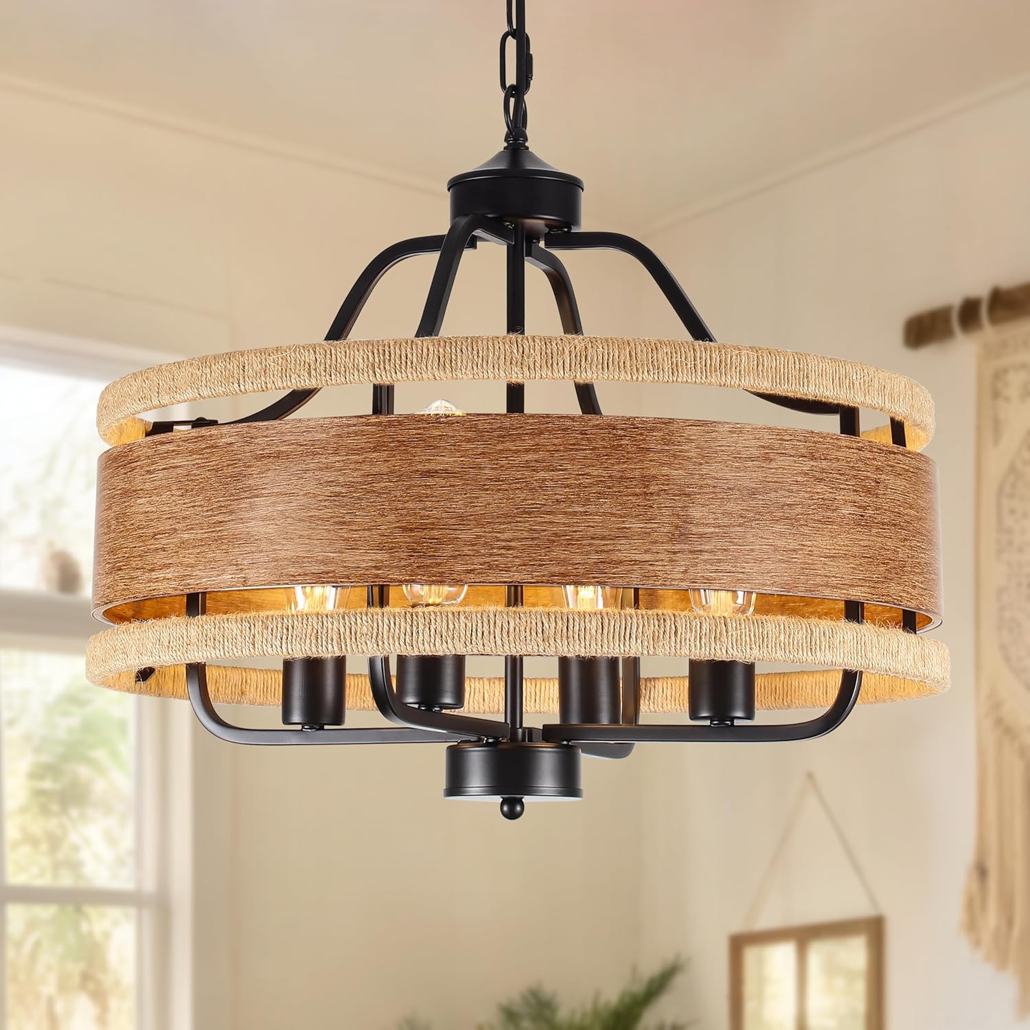 4-Light Farmhouse Boho Chandelier, 20" Wood Texture Woven Rattan Pendant Light, Adjustable Rustic Ceiling Fixture for Dining Room, Kitchen Island, Bedroom, Hallway, Office