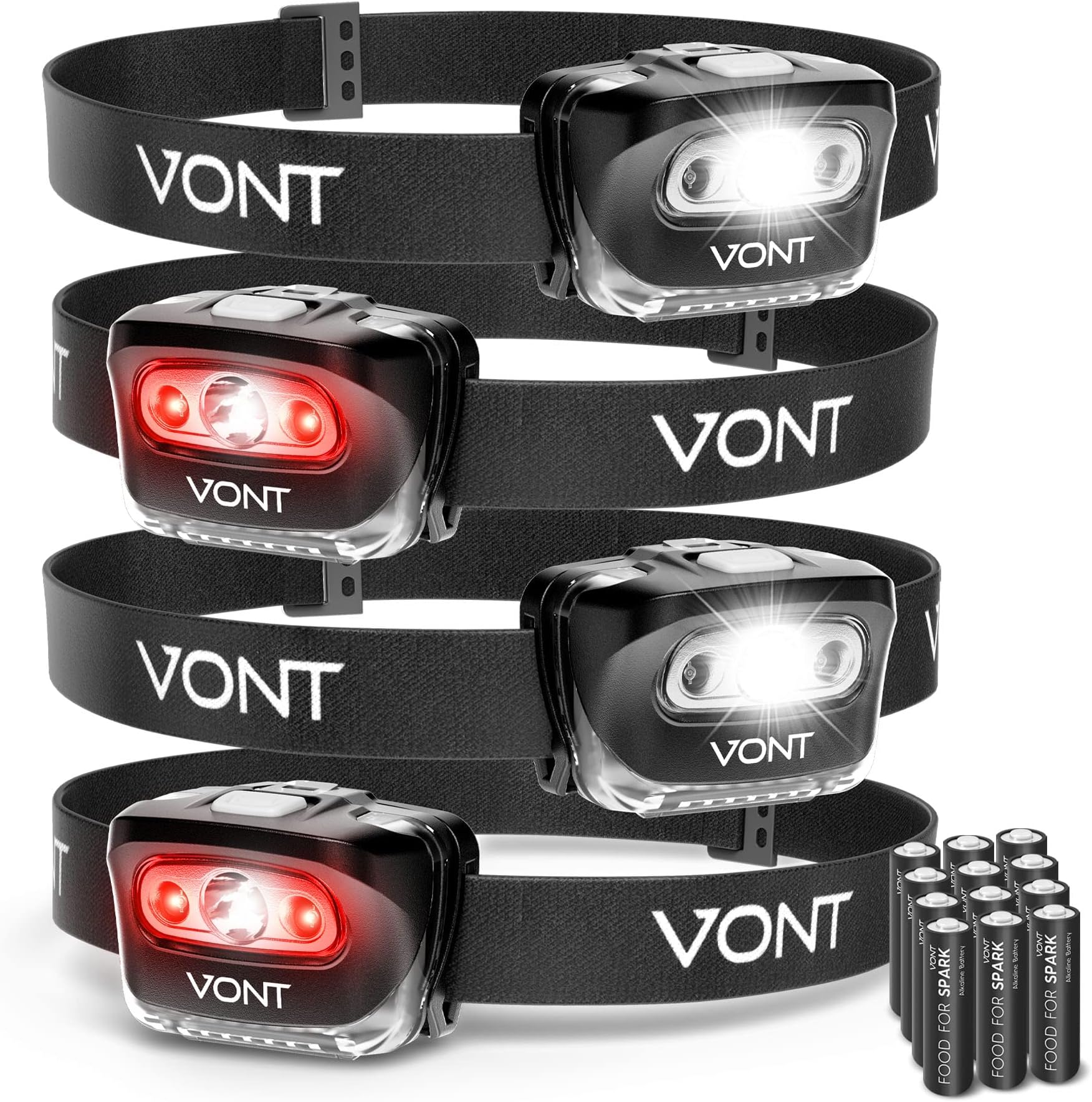 Vont LED Headlamp. IPX5 Waterproof, [4 Pack, Batteries Included] 7 Modes incl/ Red Light, Head Lamp for Running, Camping, Hiking, Fishing, Jogging, Headlight Headlamps for Adults & Kids, Red