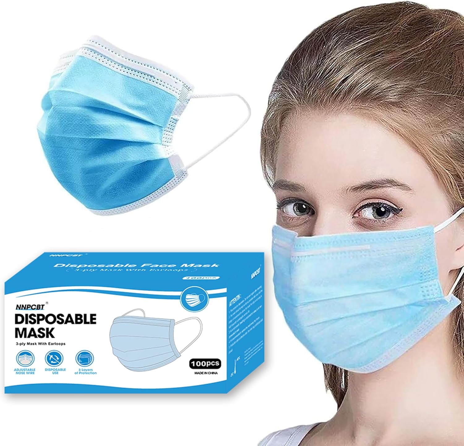NNPCBT Blue Disposable Face Masks 100 Pack,3-Ply Breathable Mask For Adults,Great For Outdoors,Home, Office, School NNPCBT Blue Disposable Face Masks 100 Pack,3-Ply Breathable Mask For Adults,Great For Outdoors,Home, Office, School