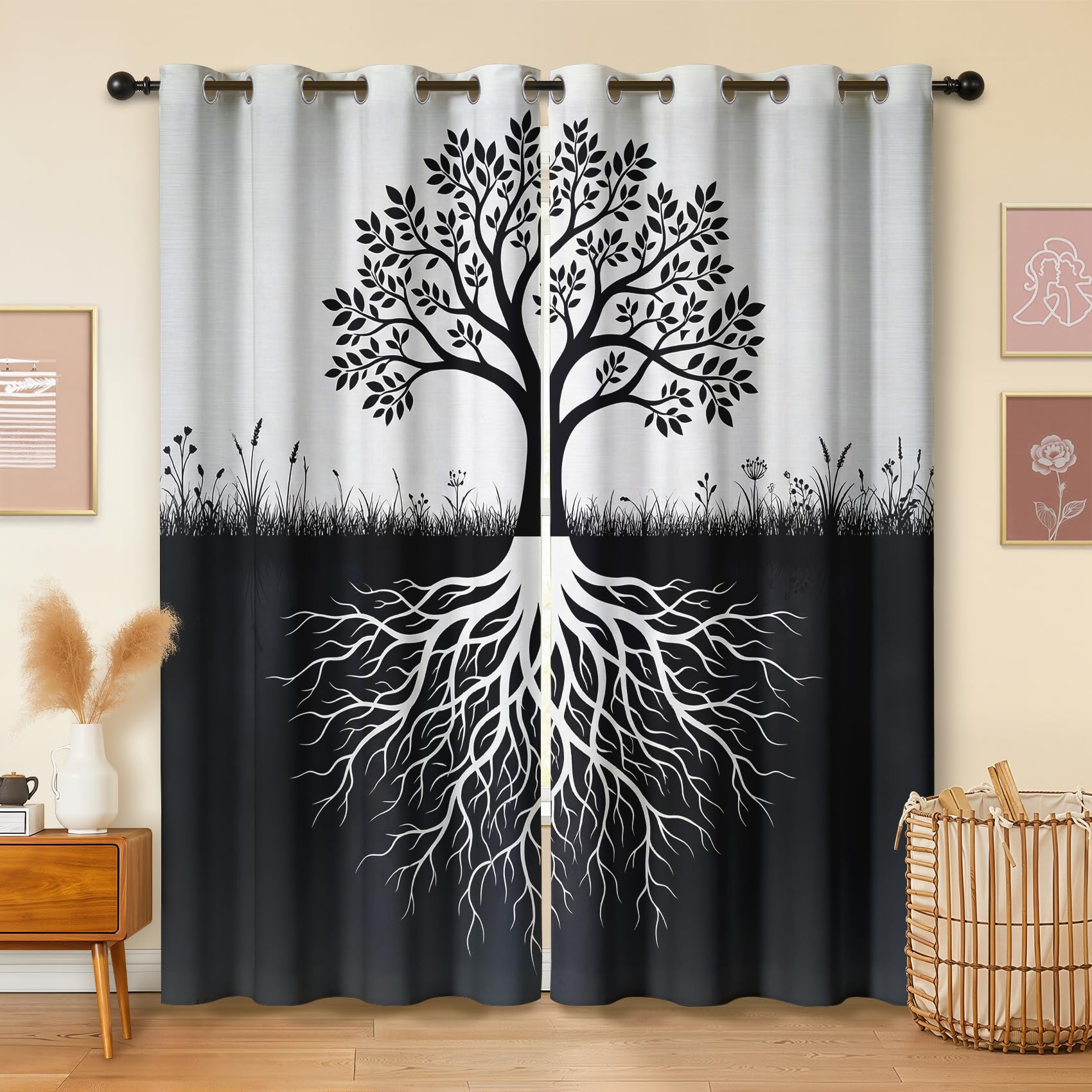 Havenix Tree of Life Monochrome Blackout Curtains for Bedroom Living Room, 84 inch Drop Curtains 52x84, Thermal Insulated Eyelet Drapes for Windows, Black and White Modern Window Treatments, 2 Panels