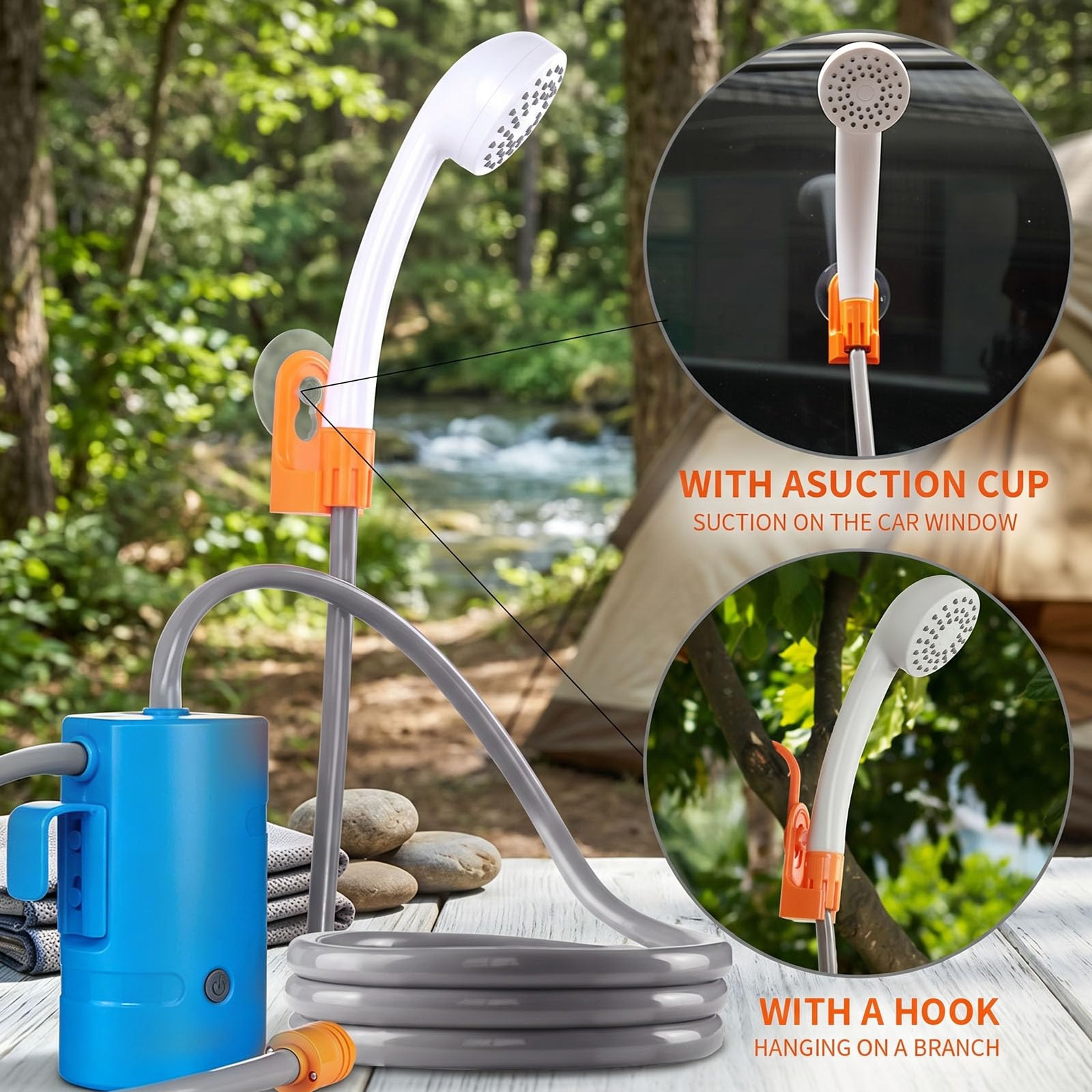 Douche de camping portable, 4400 mAh intégrée, rechargeable par USB, batterie étanche IPX7, pompe de douche + seau pliable pour camping, randonnée, voyage, plage, animaux de compagnie, plein