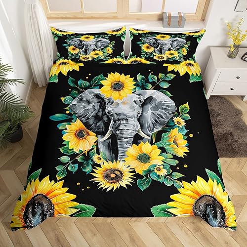 Miniatura 3 de Juego de ropa de cama de elefante, funda de edredón de girasol amarillo, tamaño King para niños, niñas, adolescentes y adultos, decoración de