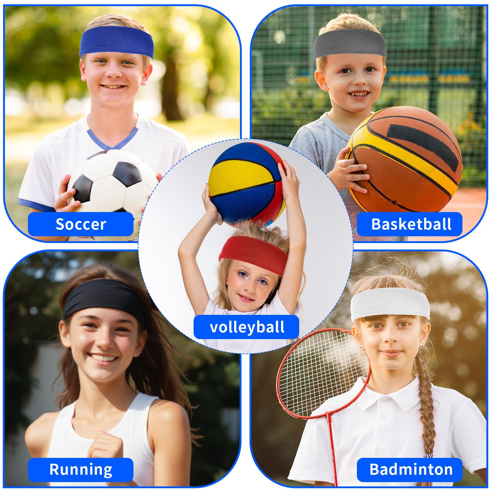 6 diademas deportivas para niños y niñas, absorbentes de fútbol, suaves que absorben la humedad, banda de sudor para baloncesto, tenis, béisbol, fútbol, correr, entrenamiento