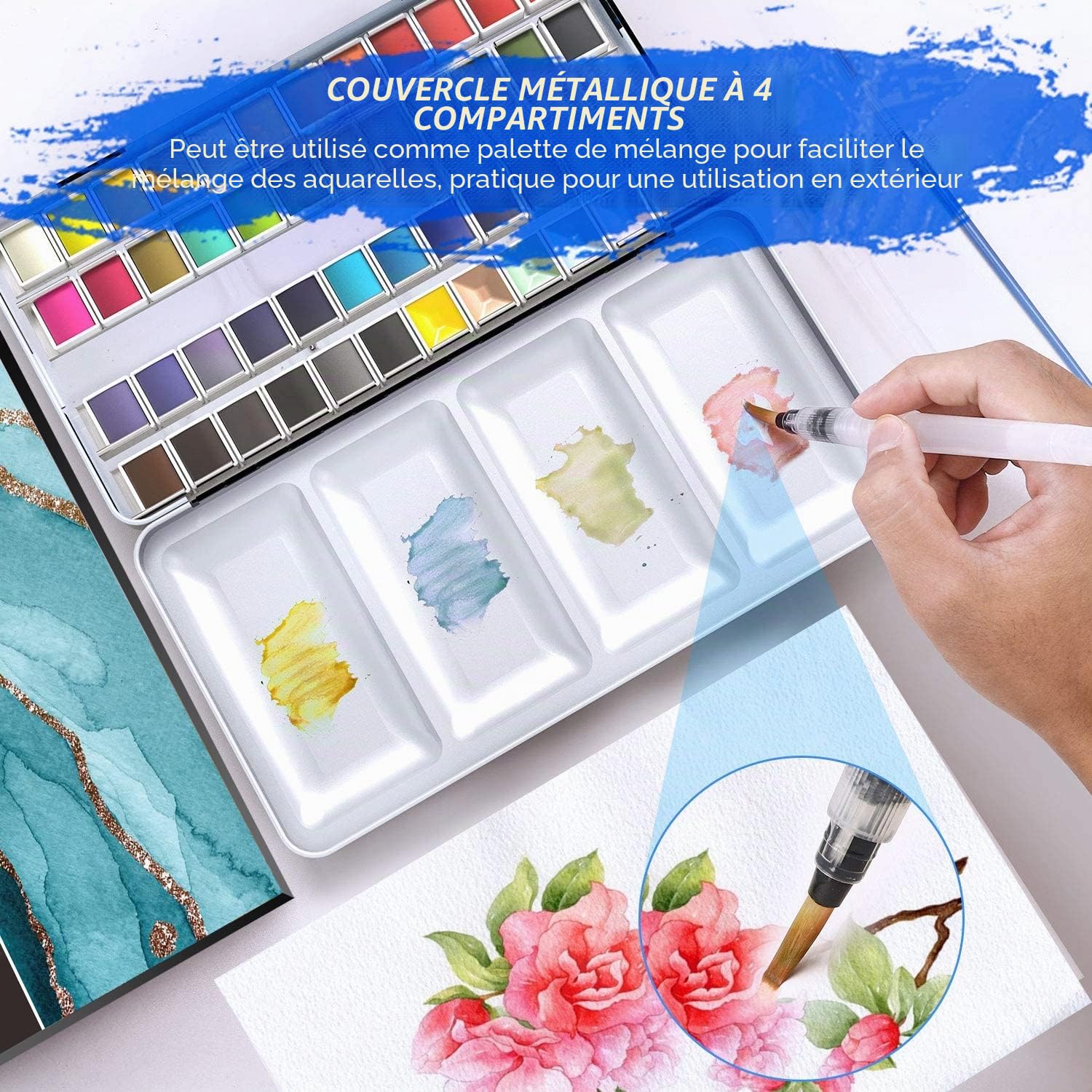 RATEL Ensemble de Peinture à l'Eau Aquarelle 48 Couleurs avec Pinceaux et Papier