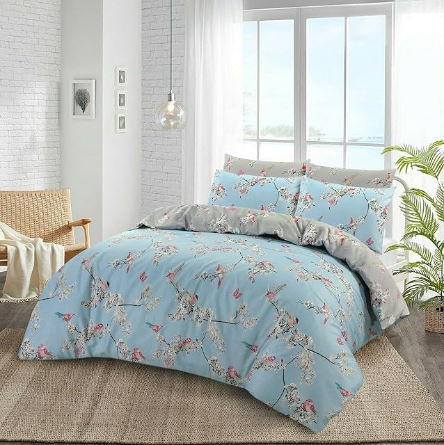 Printed Duvet Cover 100% Cotton White Floral Bedding Set 200 Thread Count Quilt Covers with Pillowcases Double King Super King Bed Size (Beautiful Birds, King (U.K. Standard))