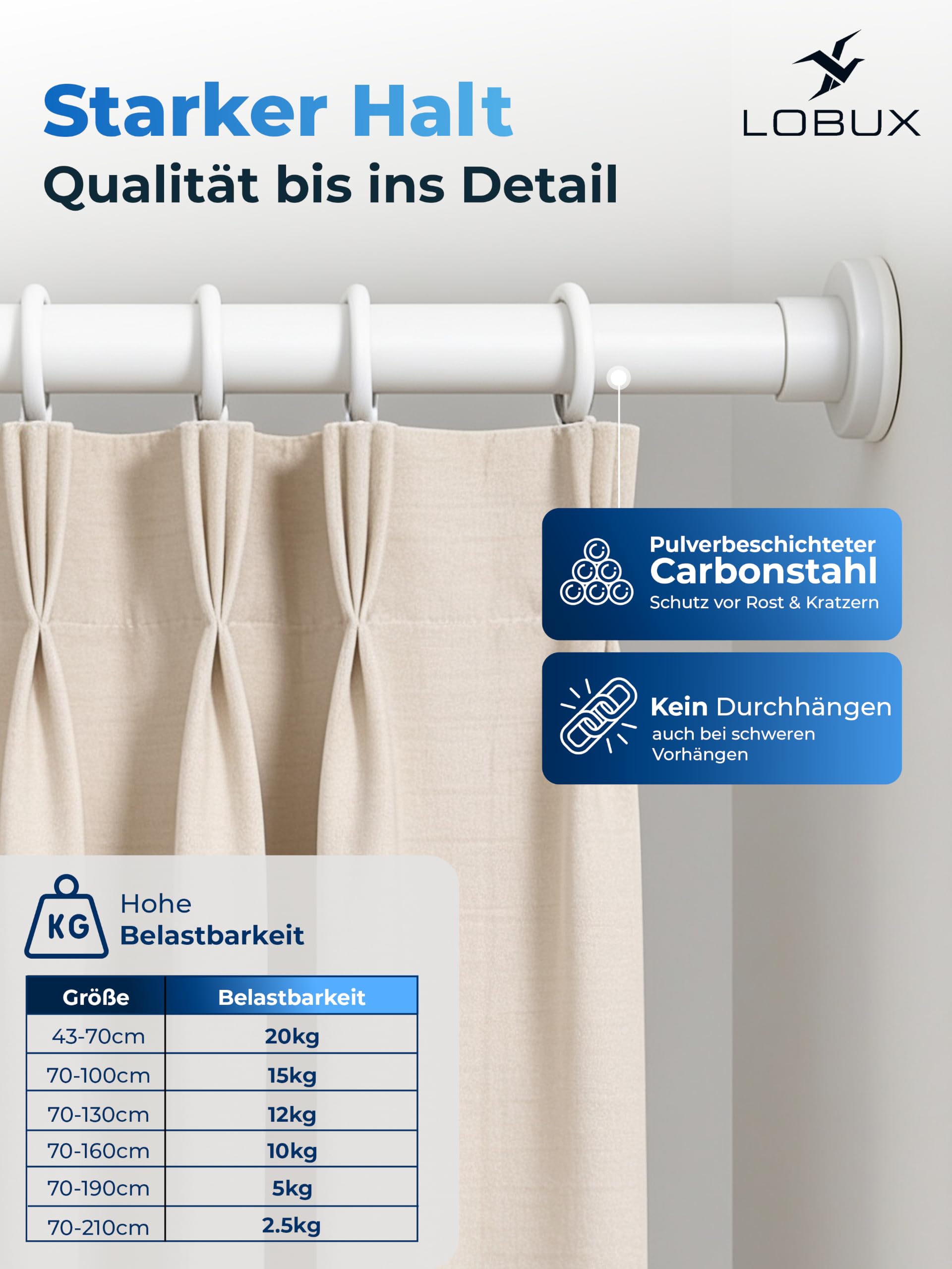 Gardinenstange ohne bohren [weiß, 43-70cm] – Ø 25mm - Teleskopstange zum Klemmen – Duschstange zum Klemmen – Vorhangstange ohne Bohren