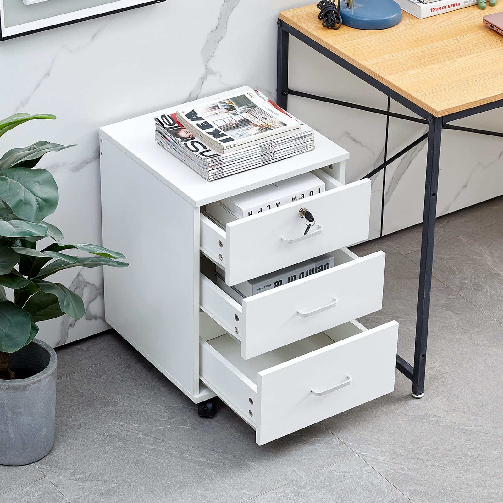 CLIPOP Gabinete de Archivador con 3 cajones con Cerradura y 4 Ruedas rodantes, Organizador de Almacenamiento de Archivos de Madera Debajo del Escritorio para Papel A4