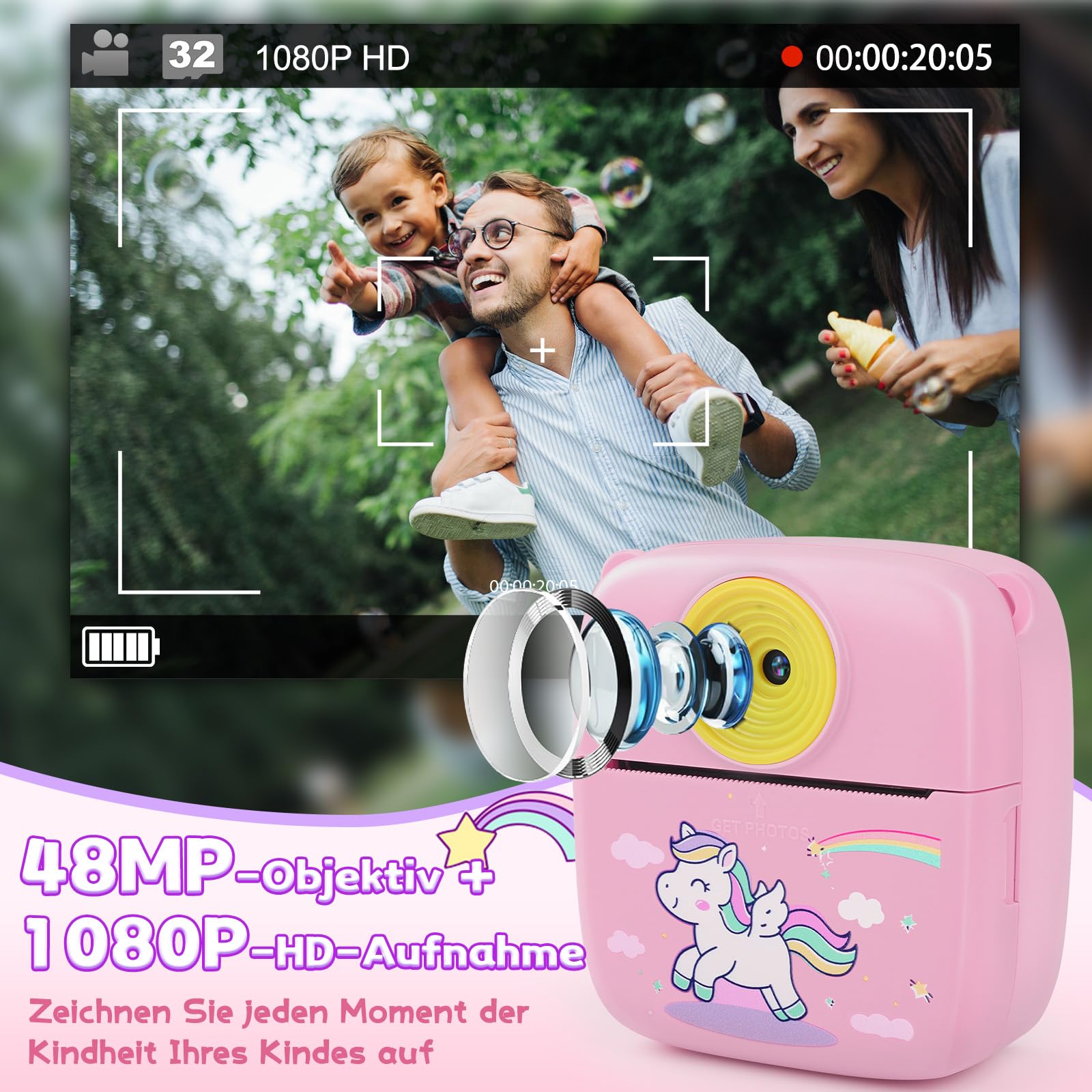 Dhapy sofortbildkamera Kinder, 48MP Kinderkamera Sofortbildkamera mit Druckpapier & 32 G TF Karte, 1080P Digitalkamera Kinder, Geschenke für Jungen und Mädchen 3 4 5 6 7 8 9Jahre Rosa