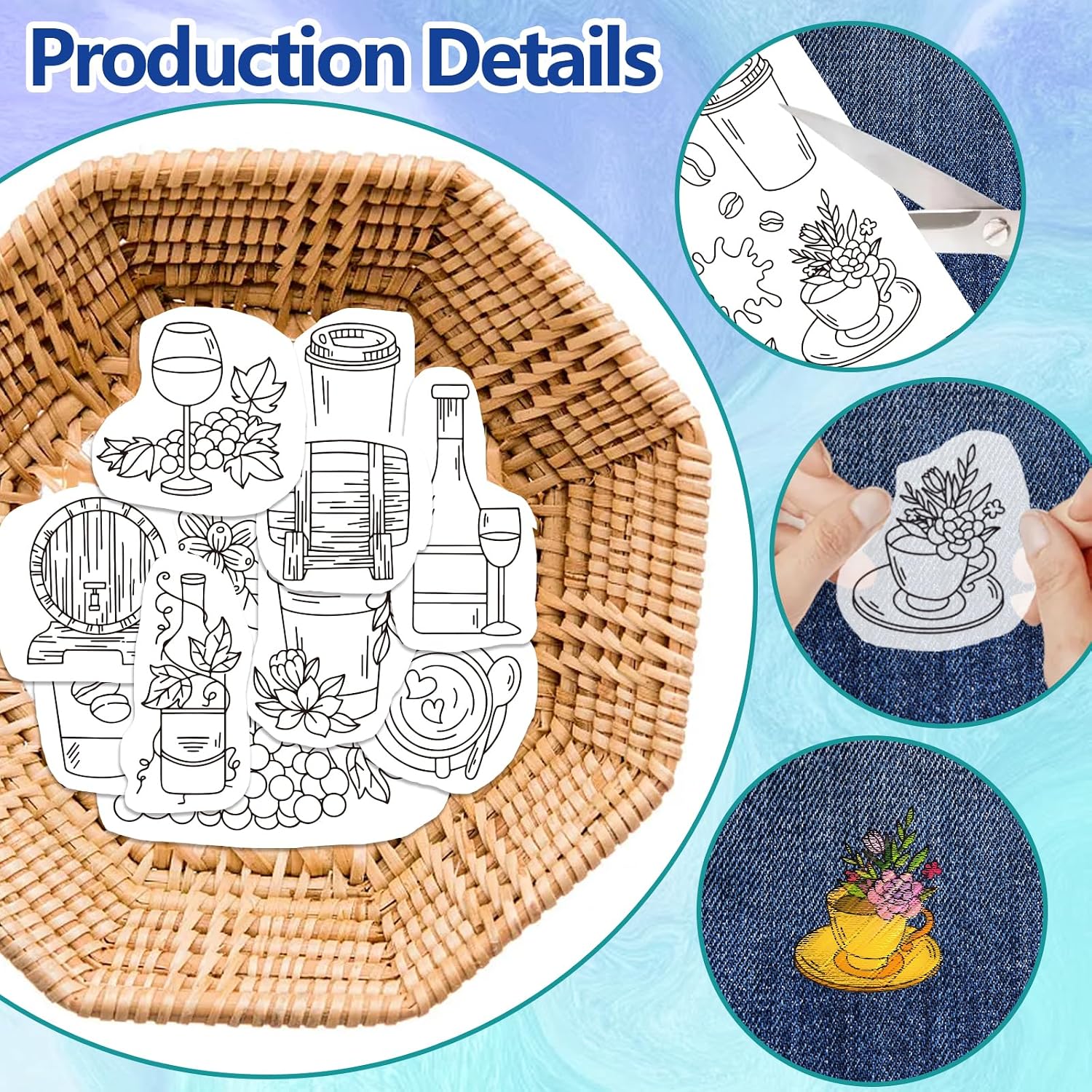 GLOBLELAND 4 Sheets Coffee Cup and Flower Water Soluble Stabilizer Hand Sewing Stabilizers with Pre Printed Stick and Stitch Self Adhesive Wash Away Stabilizer for Bags Cloth Embroidery