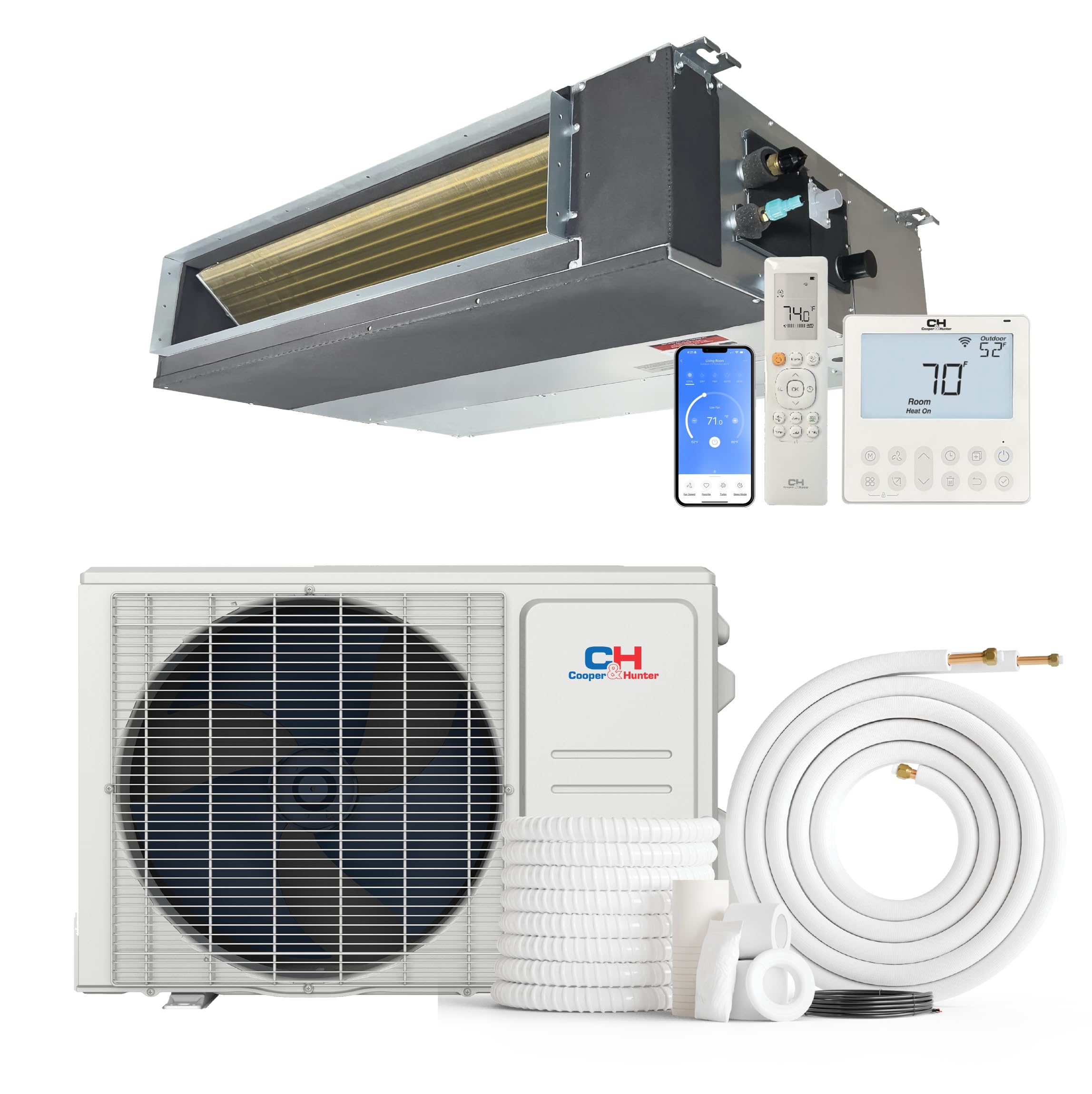 Cooper & Hunter 18,000 BTU 230V Concealed Slim Ducted Mini Split Air Conditioner & Heat Pump – Includes 25FT Installation Kit, Remote & Wall