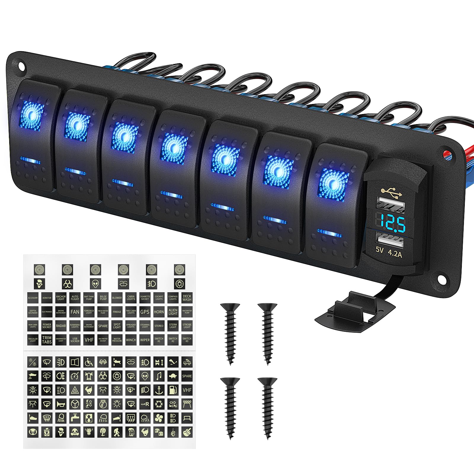 RVBOATPAT Interruttore a bilanciere a 7 marce Barca Interruttore a levetta Impermeabile con caricatore USB Voltmetro 12V 24V DC per automobile verticale UTV camion