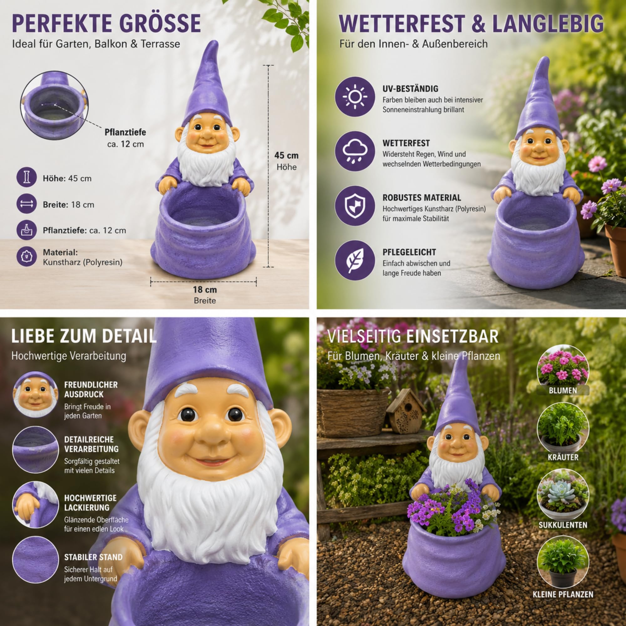 Gartenzwerg mit Pflanztopf – 45 cm Gartenfigur aus Kunstharz für Balkon & Garten