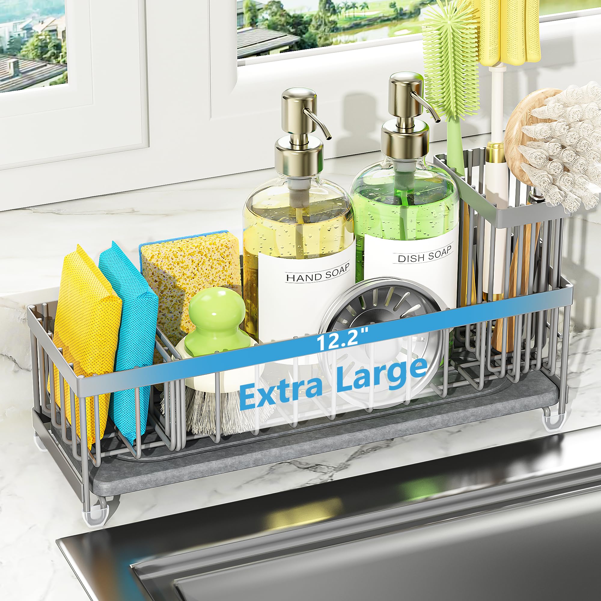 Cisily Extra Large Sink Caddy Organizer with Drying Stone, Gray Sponge Holder for Kitchen, Dish Brush Holder for Countertop, Kitchen Decor Storage and Essentials