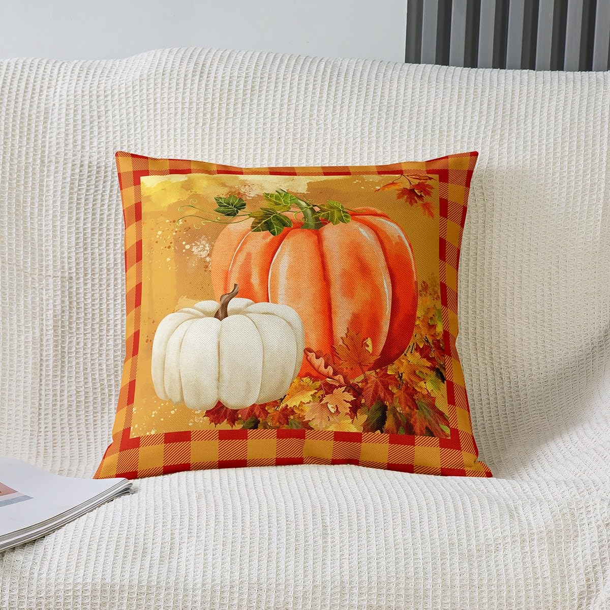 Federe Cuscino Autunnali 2 Pezzi 45x45 Cm - Motivo Zucca Arancione In Lino - Per Divano, Letto E Arredo Esterno