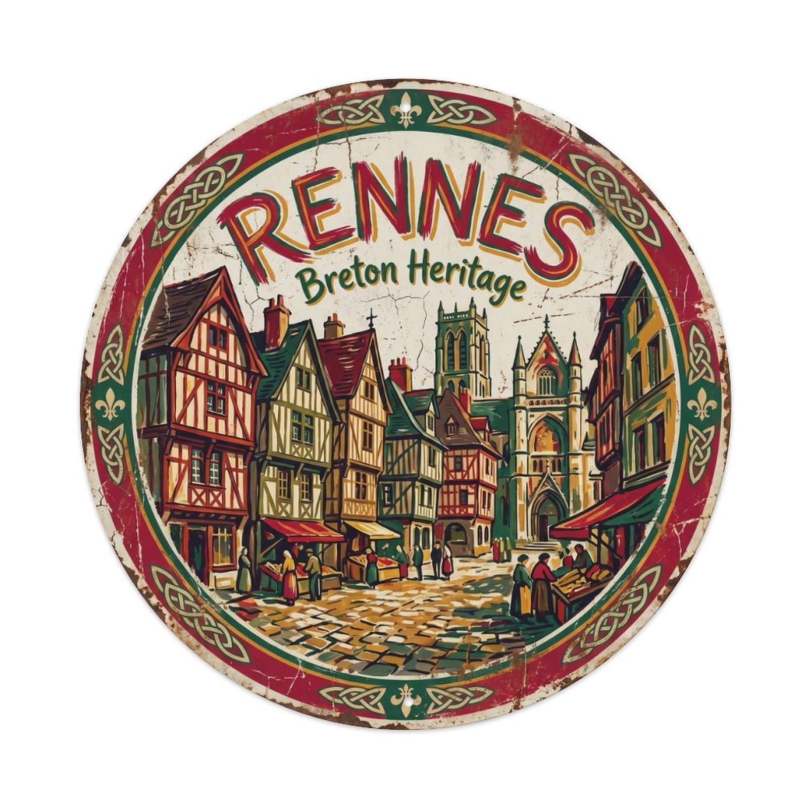 Vintage Travel Rennes Medieval France Metal Tin Sign Plaque Wall Decor for Cafe, Club Bar, Office, Home Garden Round Metal Poster 8x8Inch