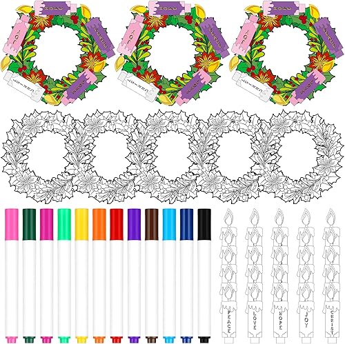 Zhanmai Juego de 24 juegos de manualidades de corona de Adviento de Navidad para niños con 12 marcadores de colores para colorear tu propia corona