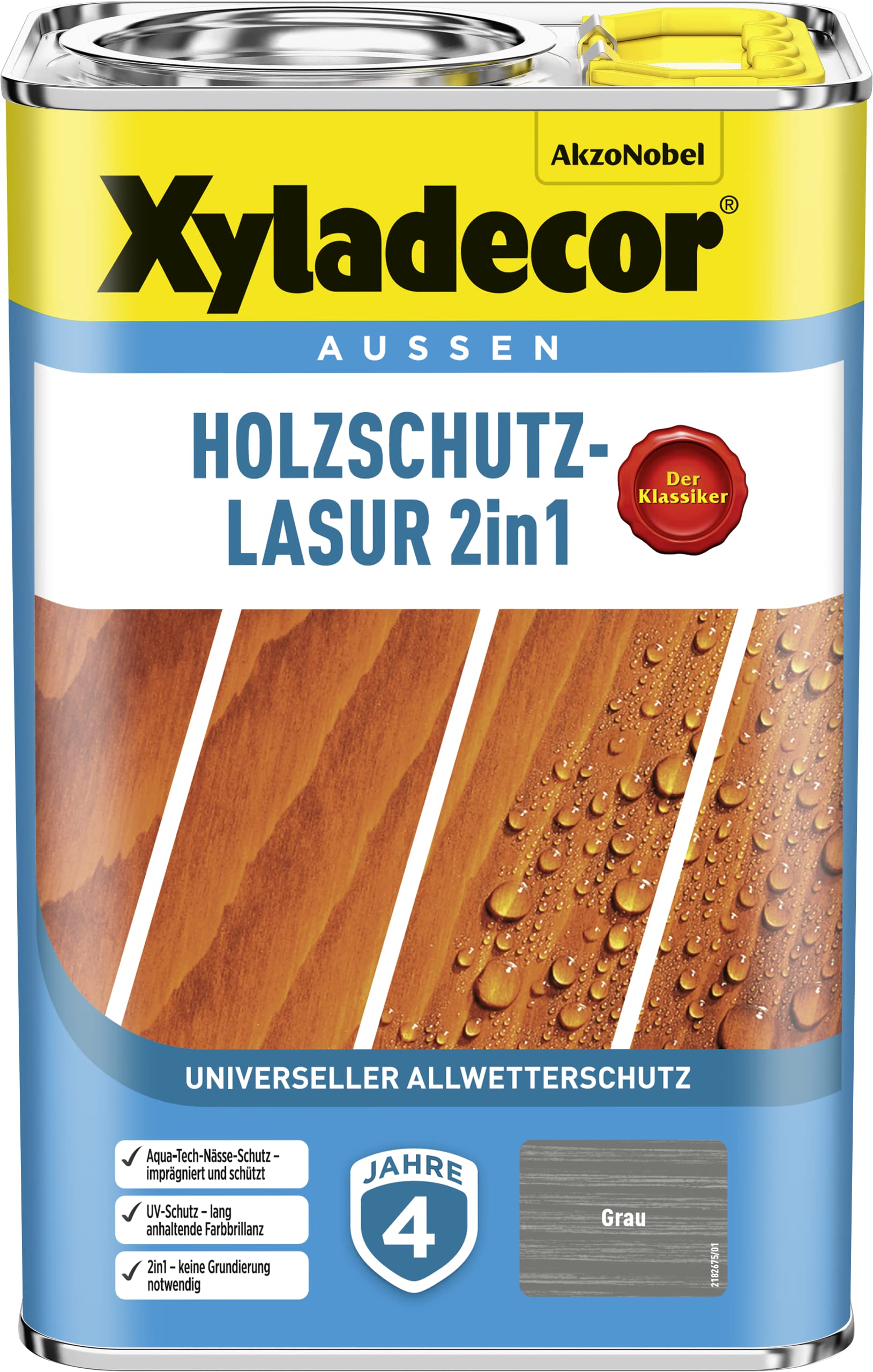 Xyladecor Lazura ochronna do drewna 2 w 1, uniwersalna ochrona na każdą pogodę – klasyczna, szara, 4 l