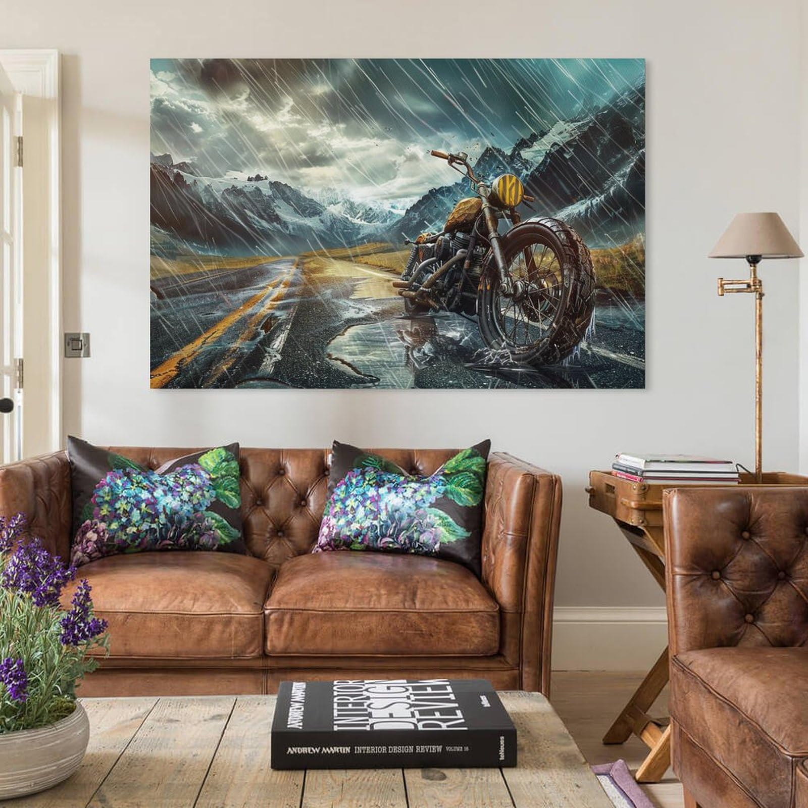 Amazon.co.jp: 絵画 雨の中、山道を走るバイク アートパネル ポスター