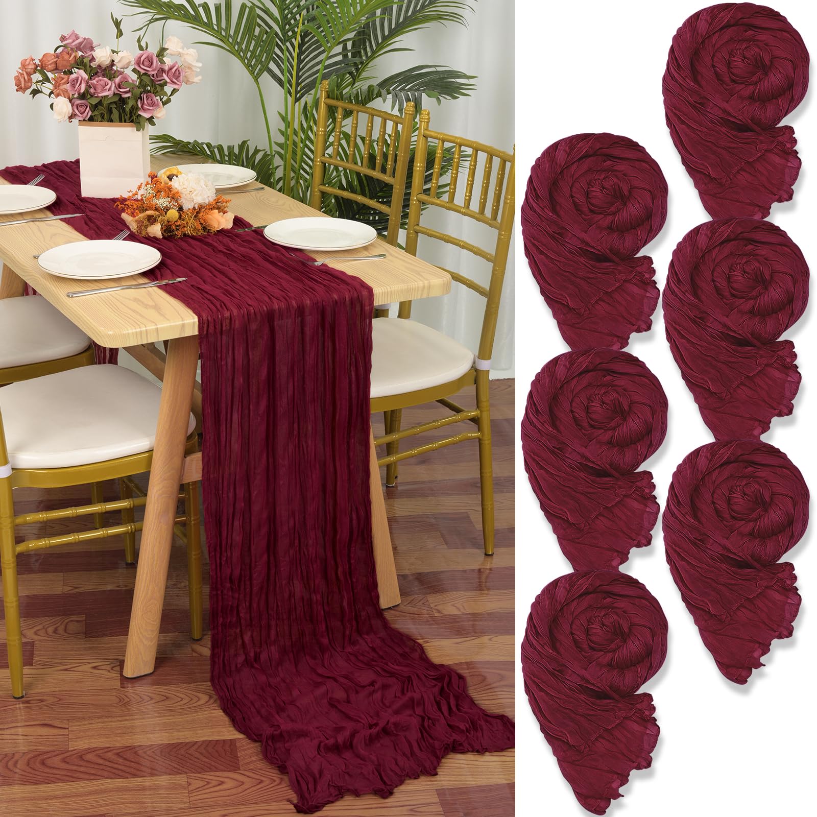 6 manteles de estopilla de color burdeos, 55 x 300 cm, color rojo vino, rústico, tela de gasa, camino de mesa bohemio, camino de mesa de queso, camino de mesa para boda, fiesta de novia, decoración de