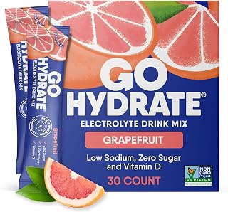 GoHydrate Low Sodium Electrolytes Powder Packets Sugar Free - Instant Hydration Daily Drink Mix - Zero Sugar Water Flavor Packet Singles with Vitamin D - (Grapefruit, 30 Packs)