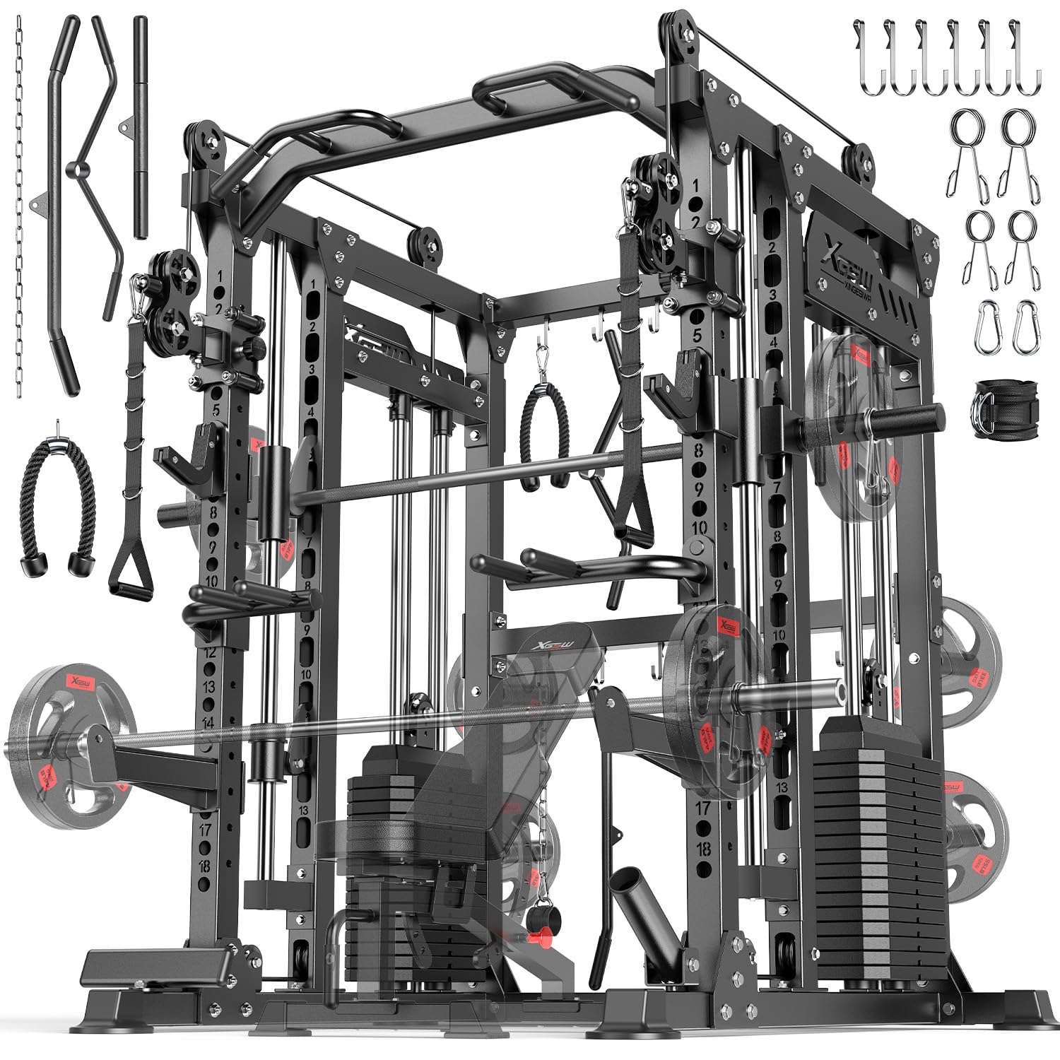 XGSW Smith Machine with Weight Stack, Multi-Function Squat Rack Power Cage with Cable Crossover System, for Home Gym