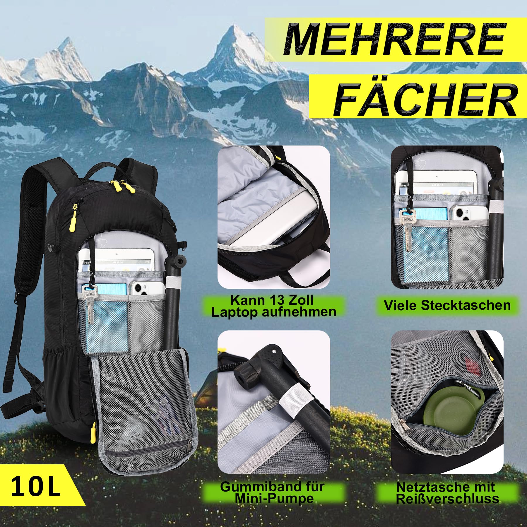 LOCAL LION ONETOALL Fahrradrucksack Klein 10L mit Regenschutz und Helmnetz, Skirucksack für Damen und Herren, Kleiner Wanderrucksack Wasserdicht zum Skifahren Radfahrren Wandern Tagestour