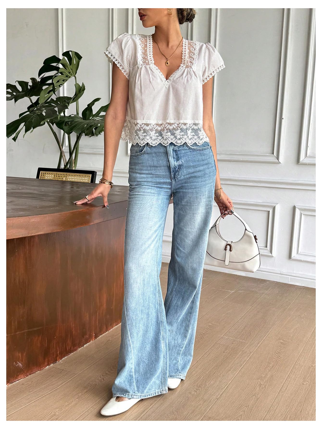 MakeMeChic Women's Going Out Striped Lace Blouse Ruffle Sleeve Tie Back Crop Tops