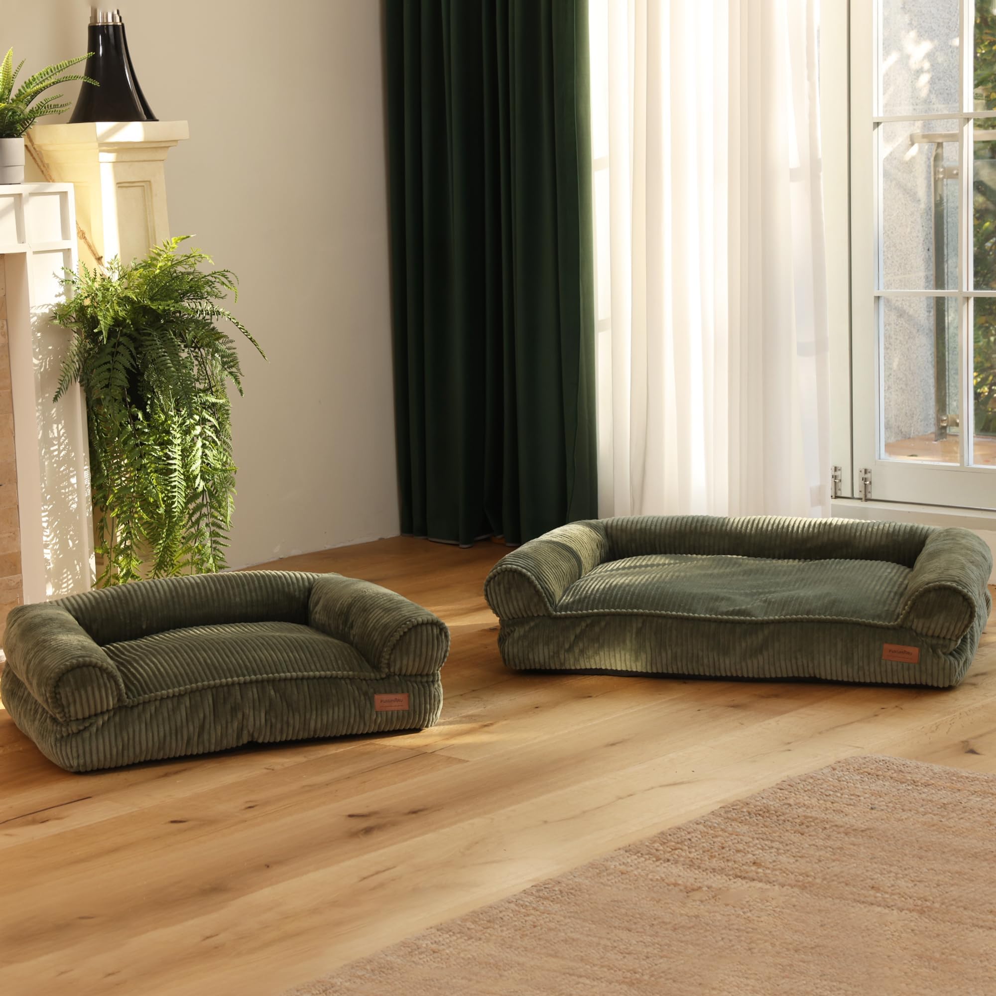 FUKUMARU Katzensofa Bett, Corduroy Gemütliches Katzenbett für drinnen mit abnehmbarem waschbarem Bezug, Stützendes Anti-Rutsch Hundebett Sofa für kleine Hunde, 72 x 52 x 22 cm, Mittel, Grün