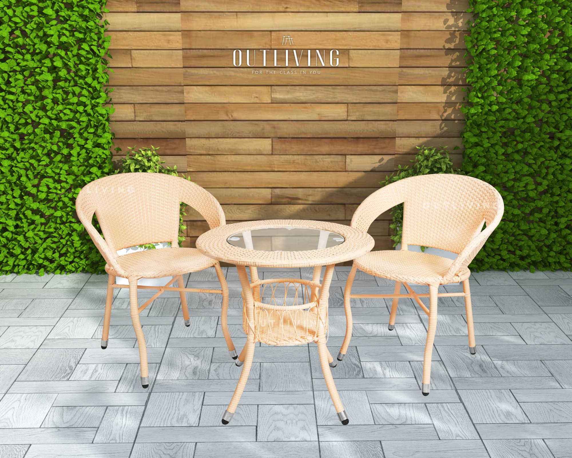 OUTLIVING Patio Seating Chair and Table Set of 3 Outdoor Furniture Garden Patio Seating Set 2 Chairs & 1 Table Balcony Furniture Coffee Table Sets (Cream)